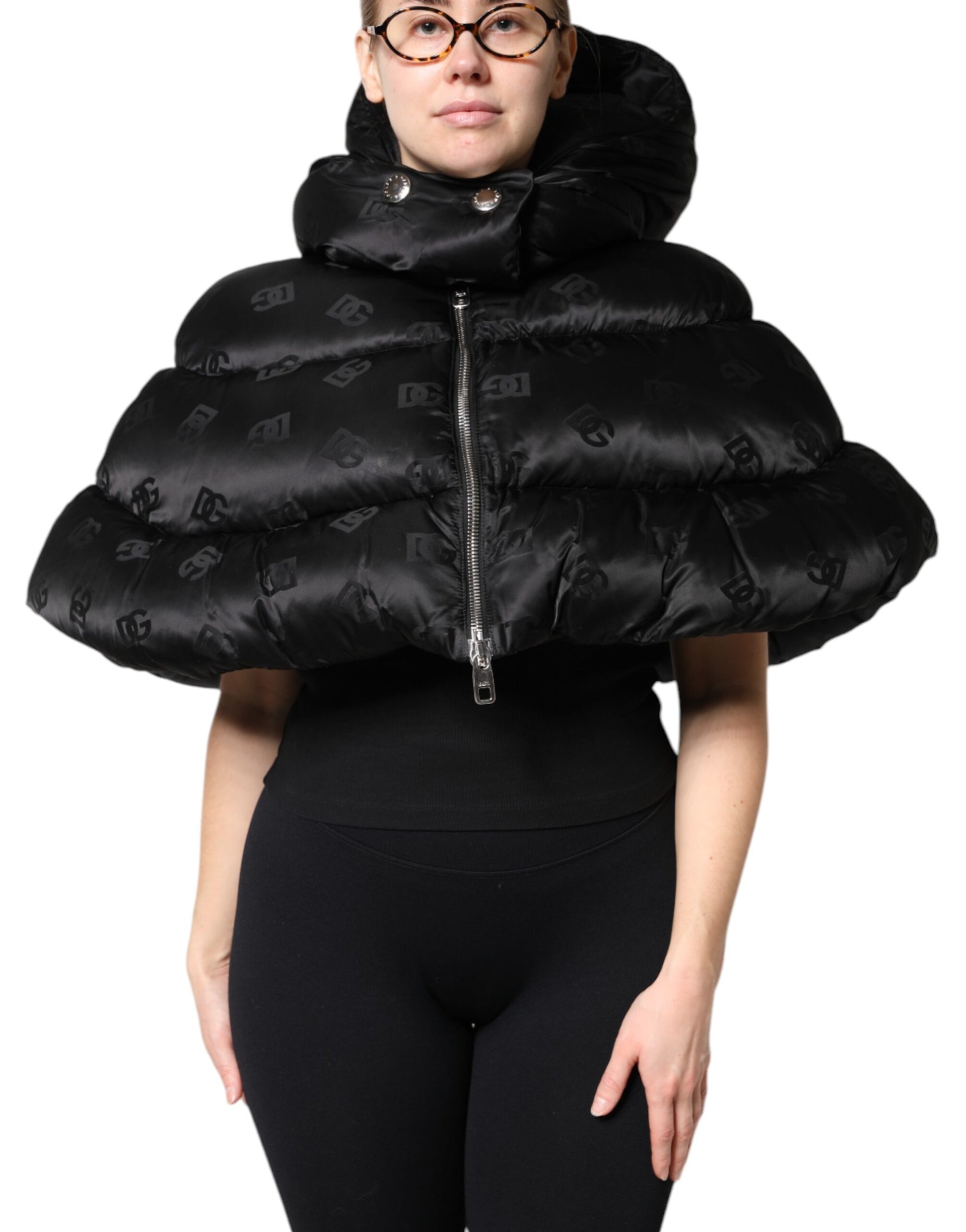 Black Padded Puffer Hooded Full Zip Cropped Jacket