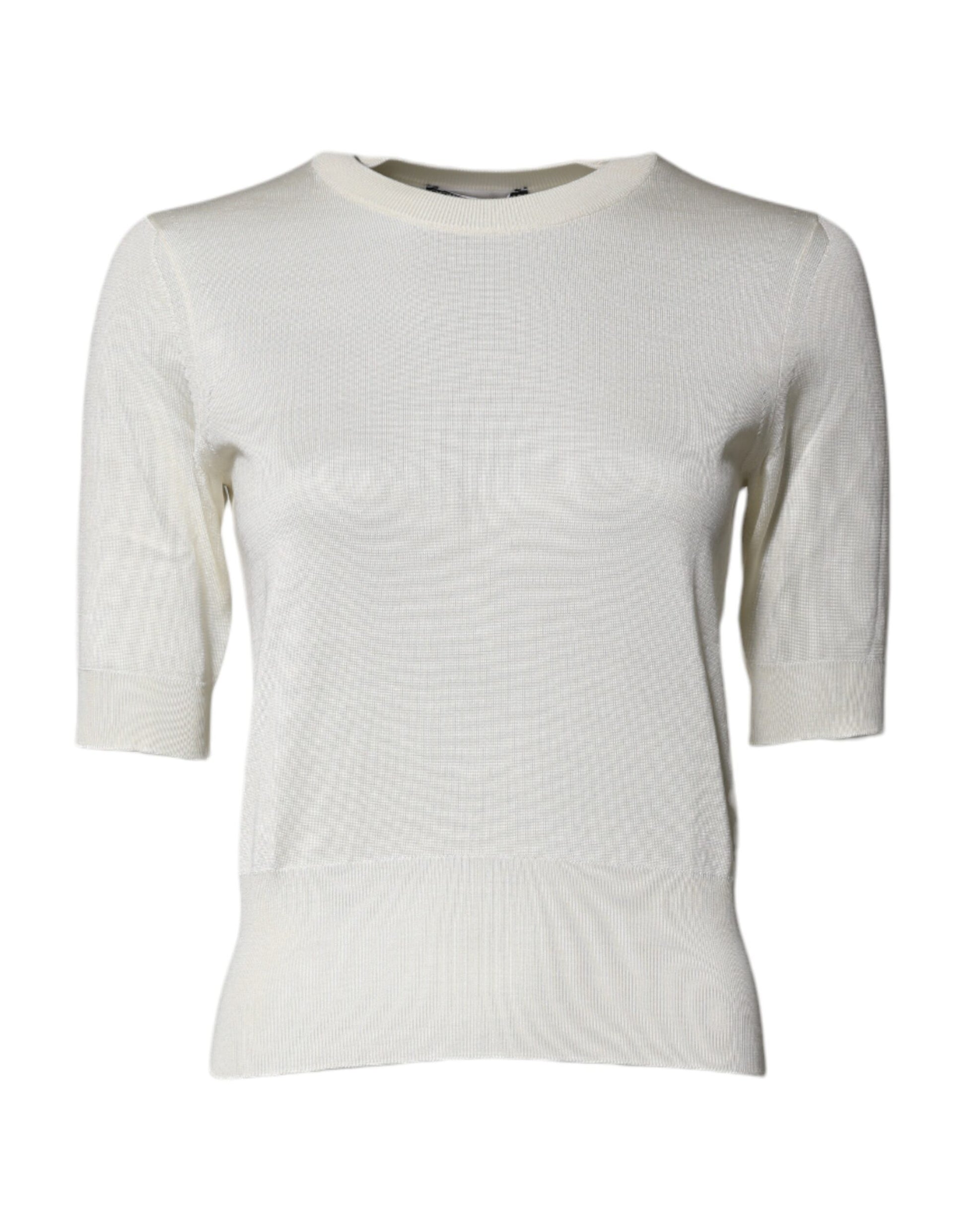 Cream Short Sleeve Silk Round Neck Blouse Top