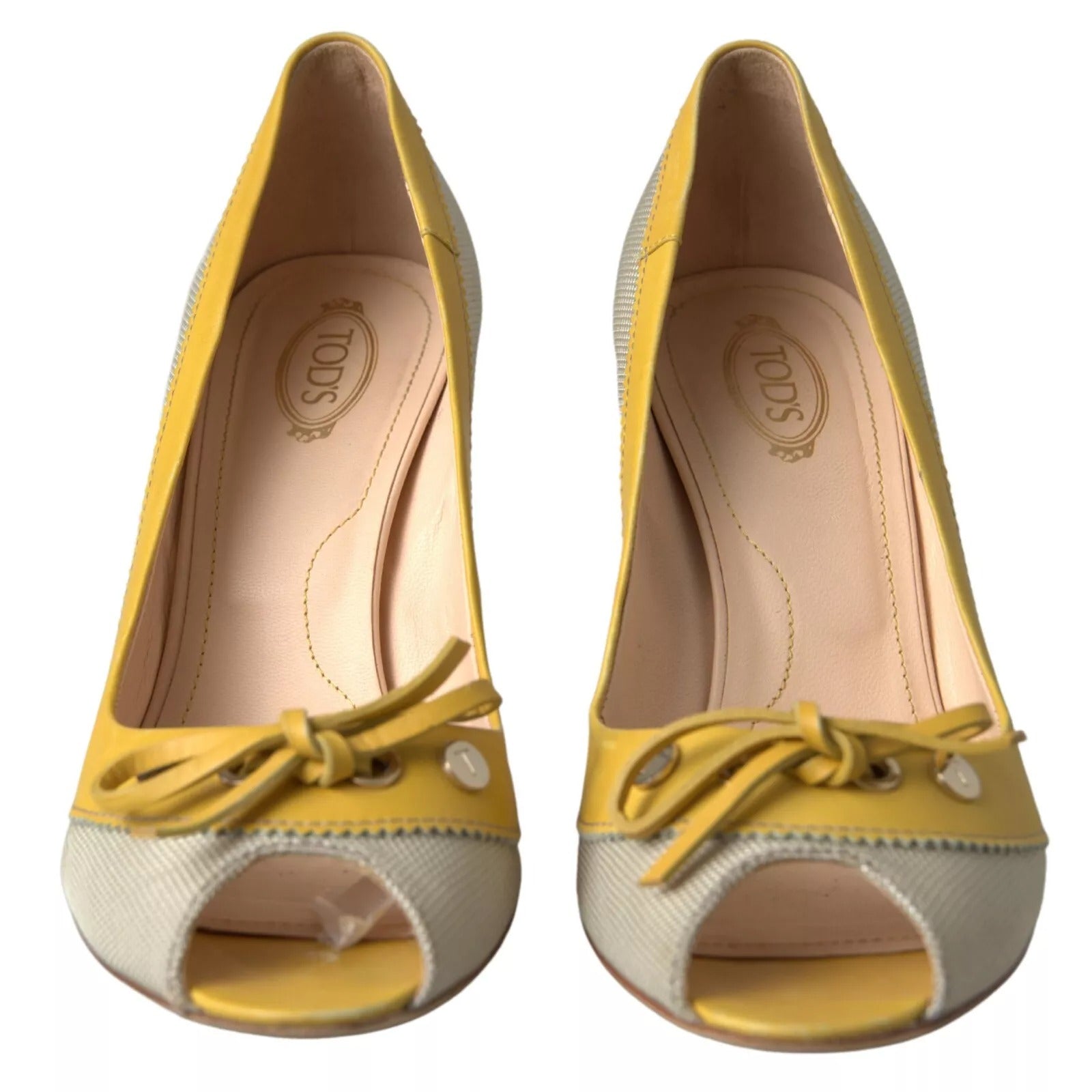 Yellow Off White Peep Toe Heels Pumps Shoes