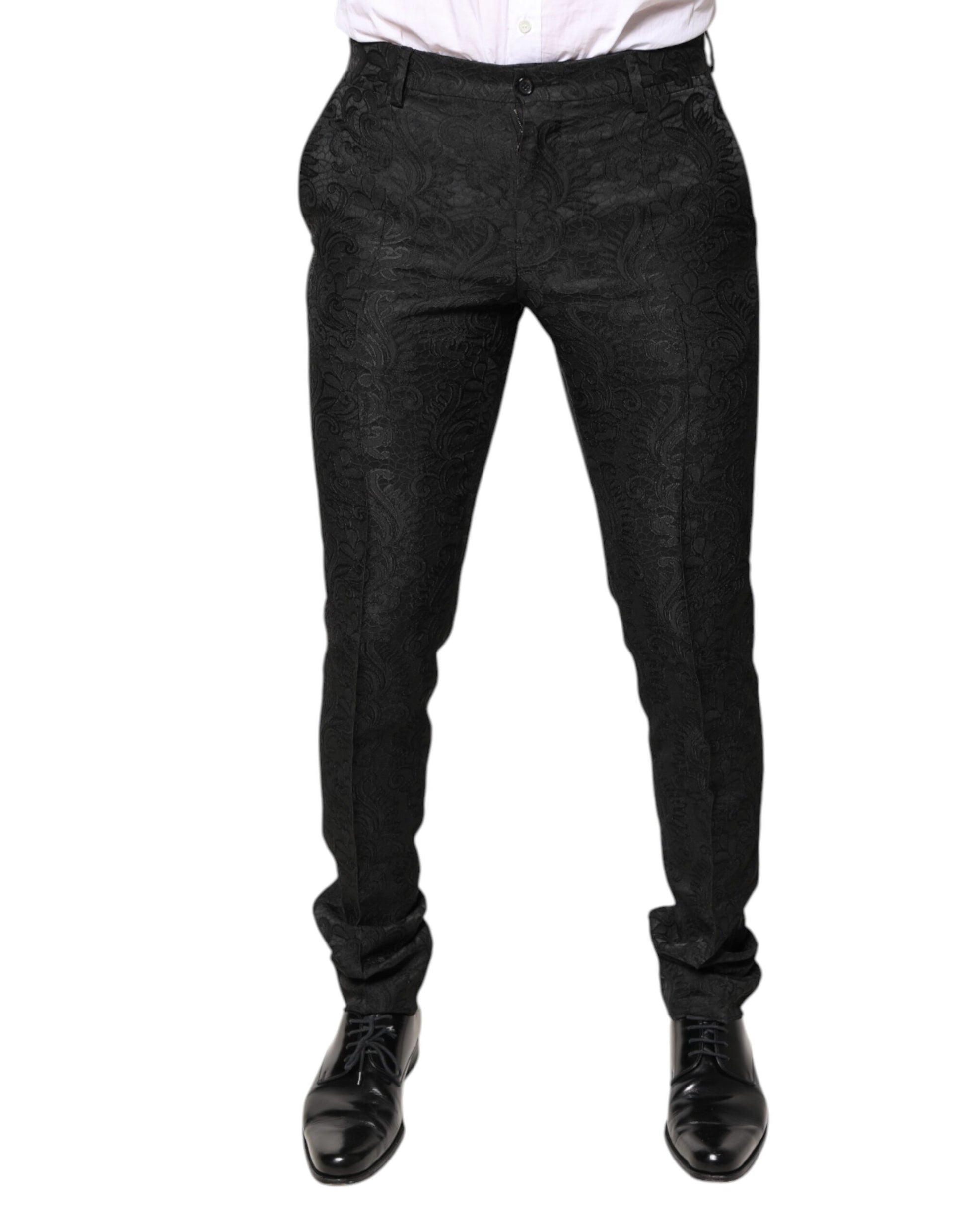 Black Floral Jacquard Mid Waist Dress Pants