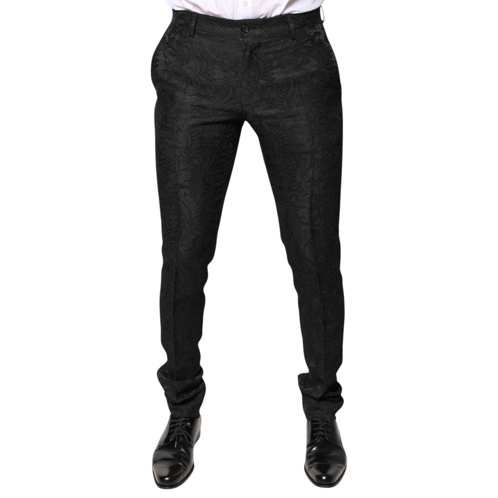 Black Floral Jacquard Mid Waist Dress Pants
