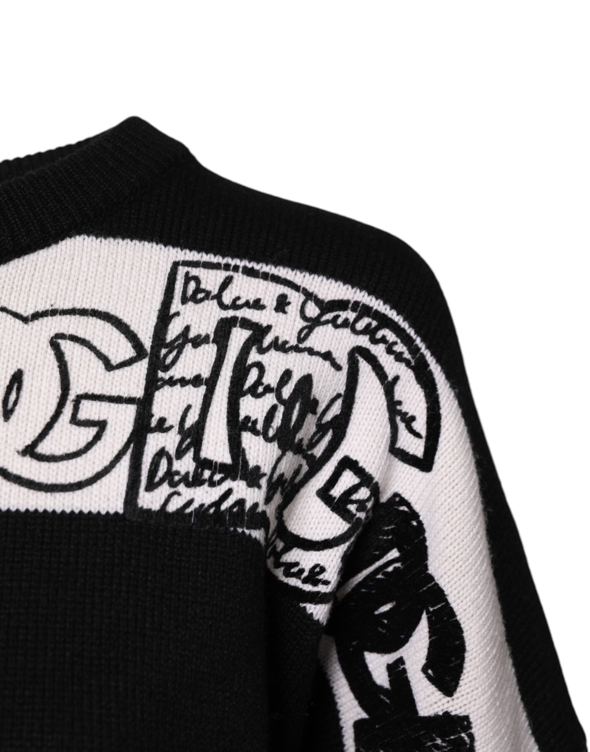 Black White Logo Print Wool Pullover Sweater