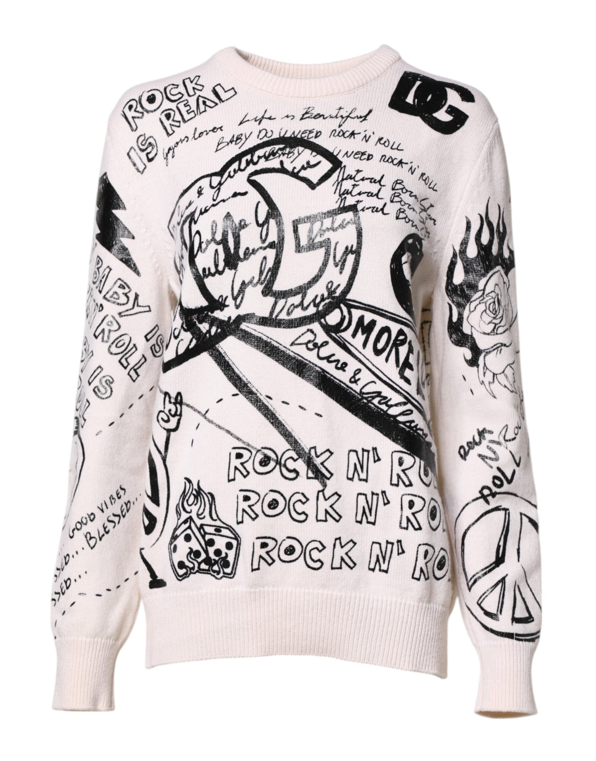 White Black Logo Print Women Pullover Sweater