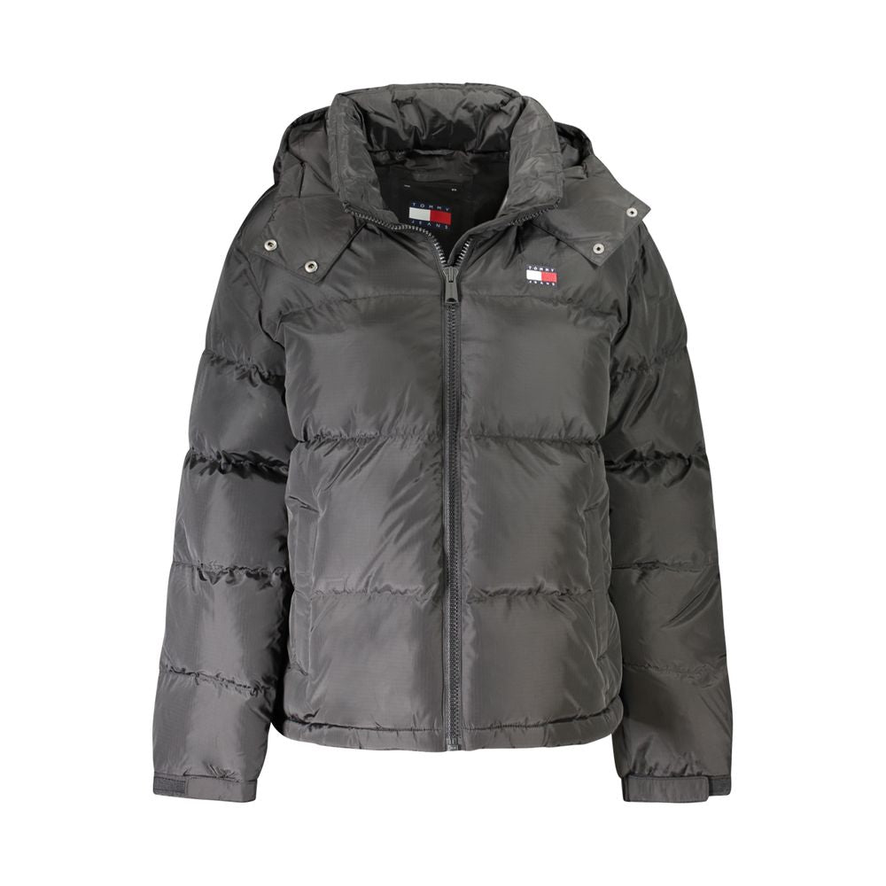 "Black Polyester Women Jacket with Removable Hood"