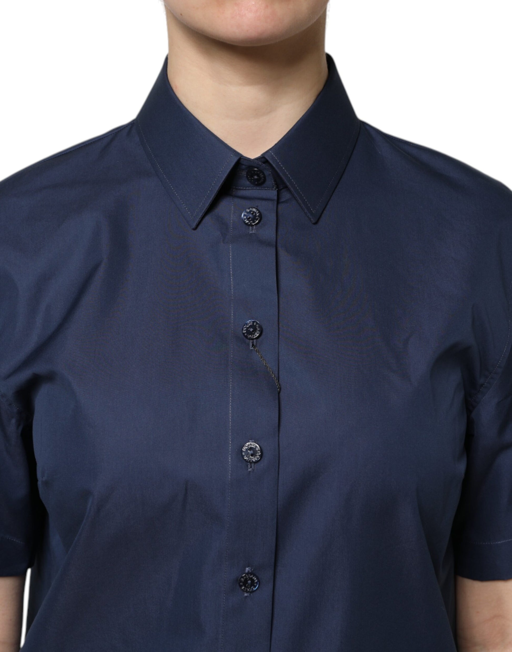 Blue Cotton Short Sleeves Button Down Top
