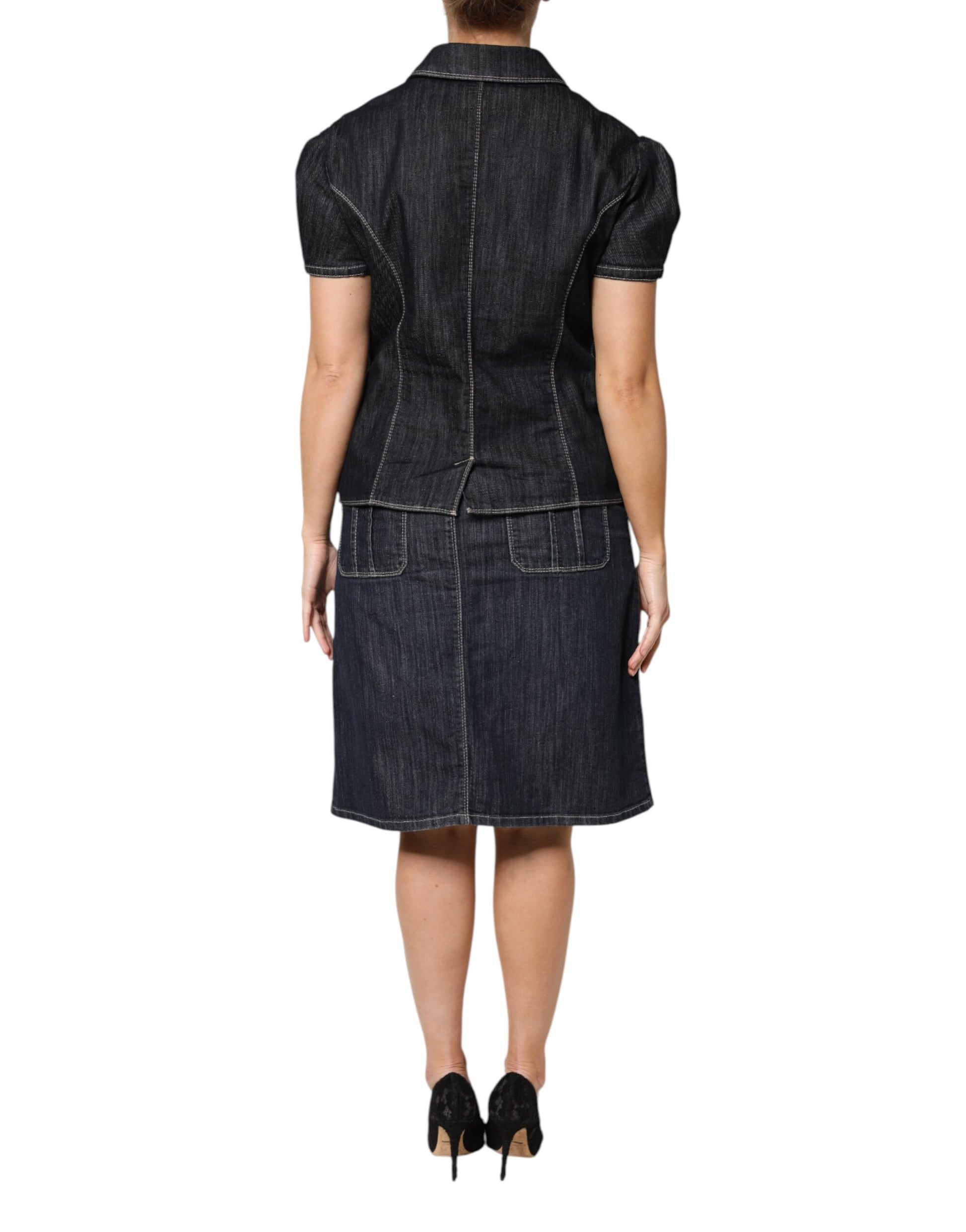 Black Cotton Blend Denim Top Skirt Casual Set
