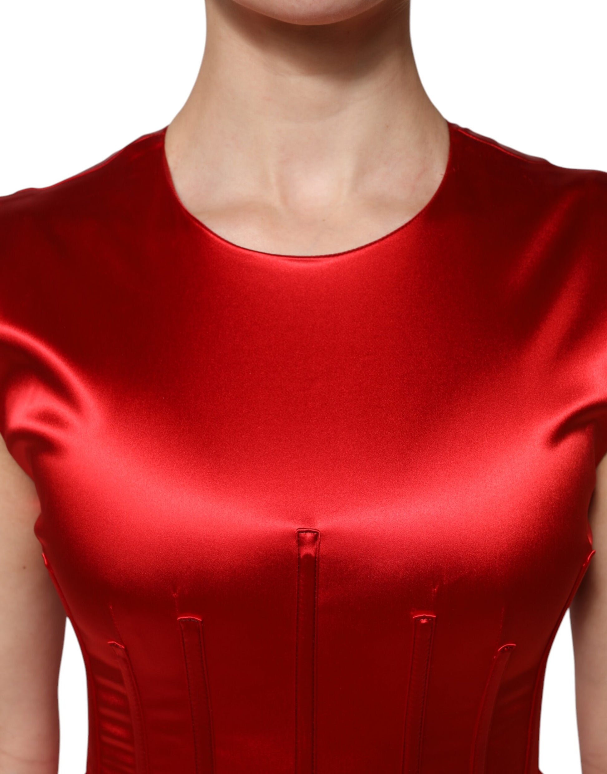 Red Acetate Sleeveless Sheath Midi Dress