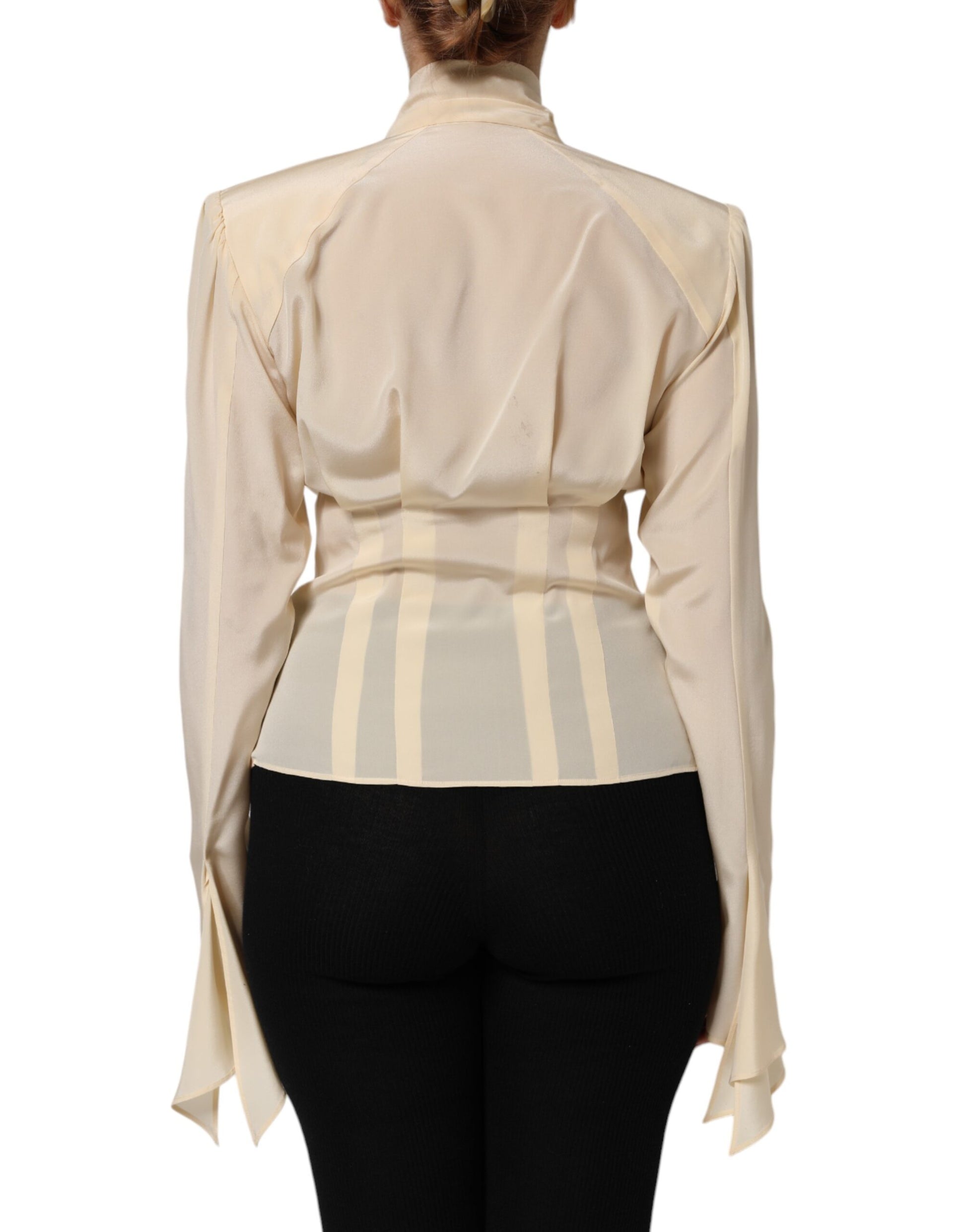 Light Yellow Silk Ascot Collared Blouse Top