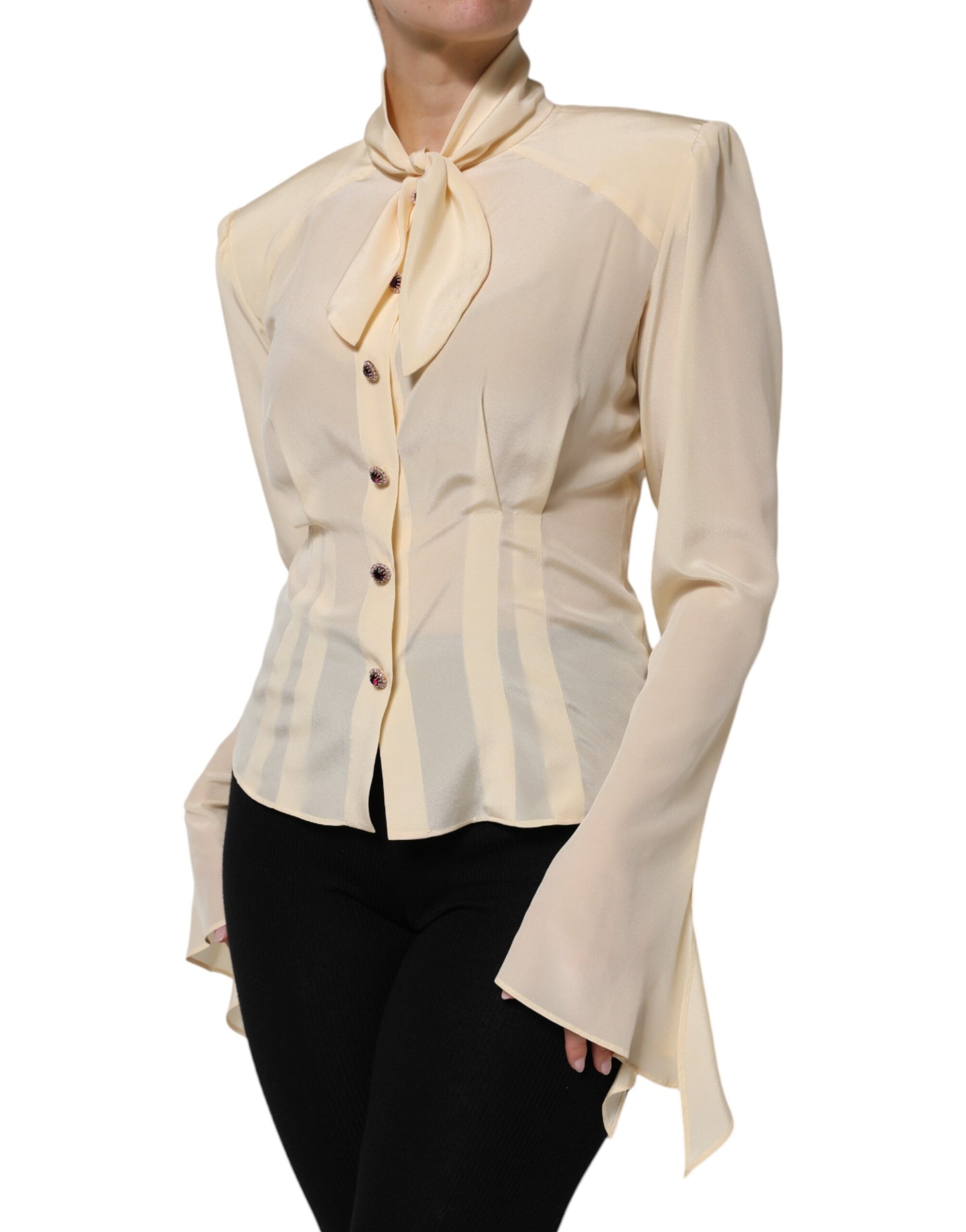 Light Yellow Ascot Collar Buttoned Blouse Top