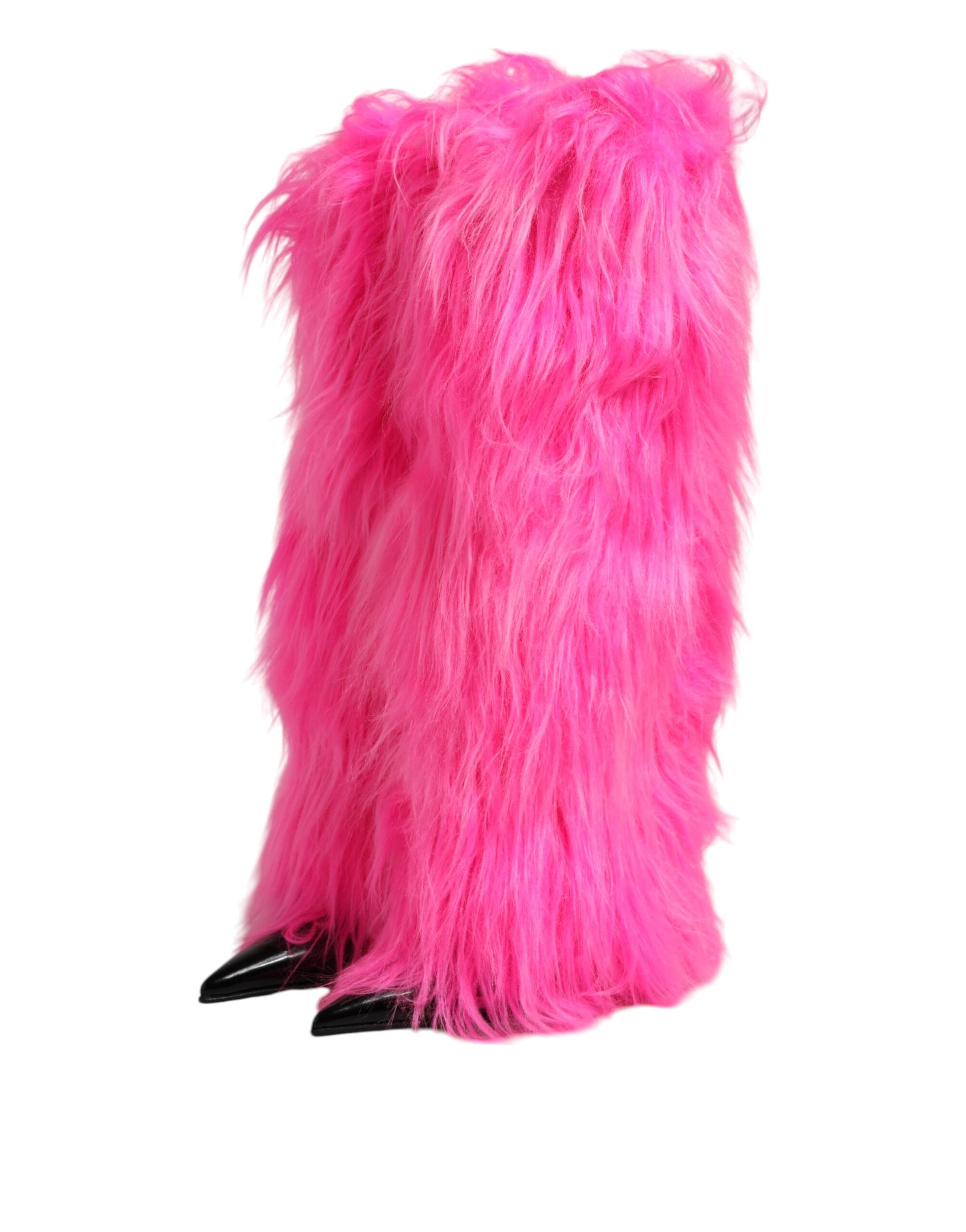 Pink Faux Fur Leather High Heels Boots Shoes
