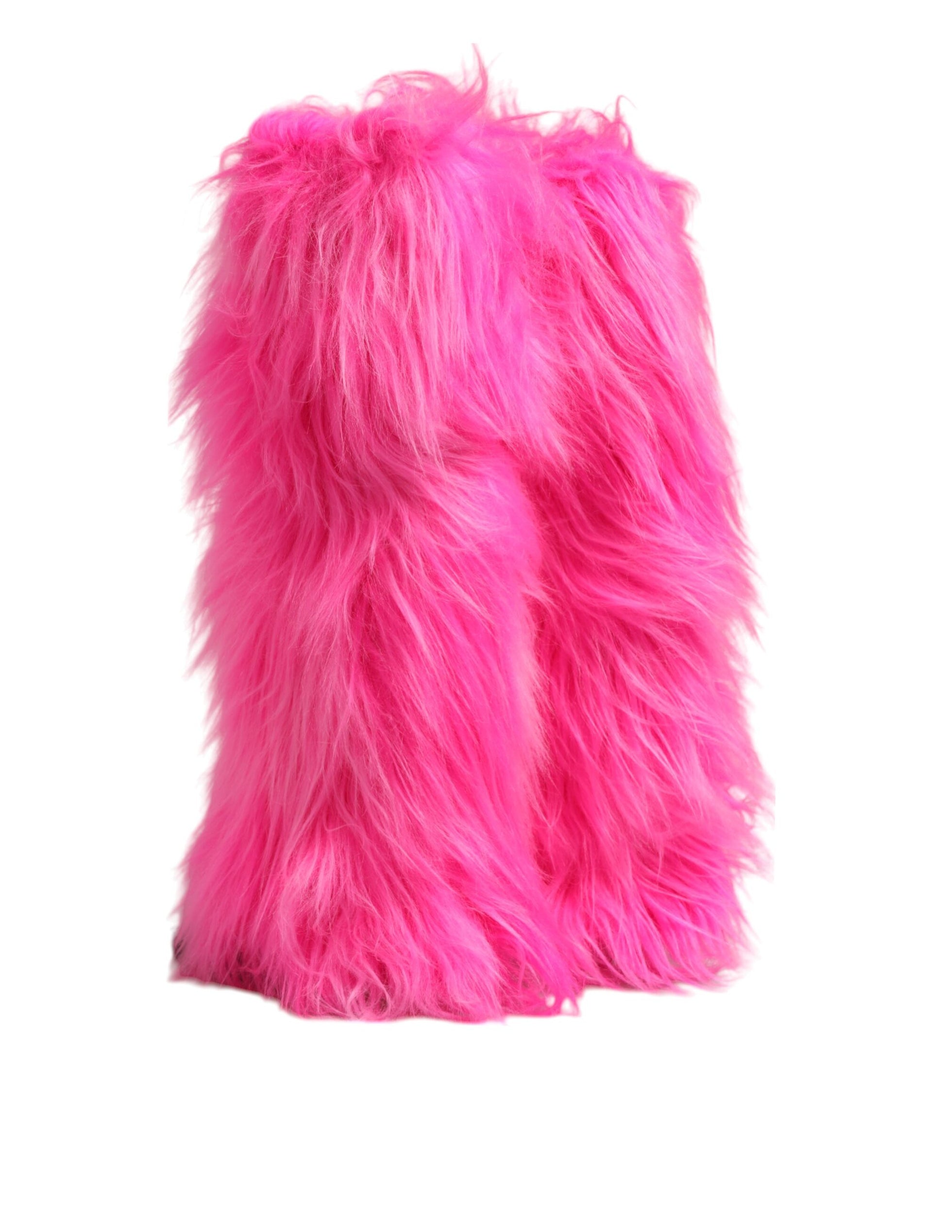 Pink Faux Fur Leather High Heels Boots Shoes