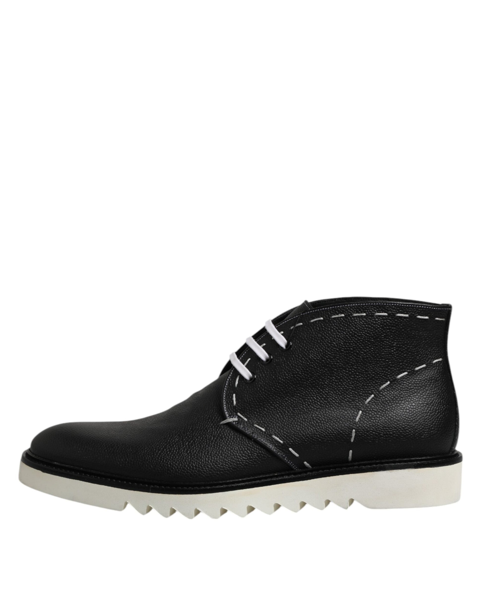 Black White Leather Ankle Boots Shoes