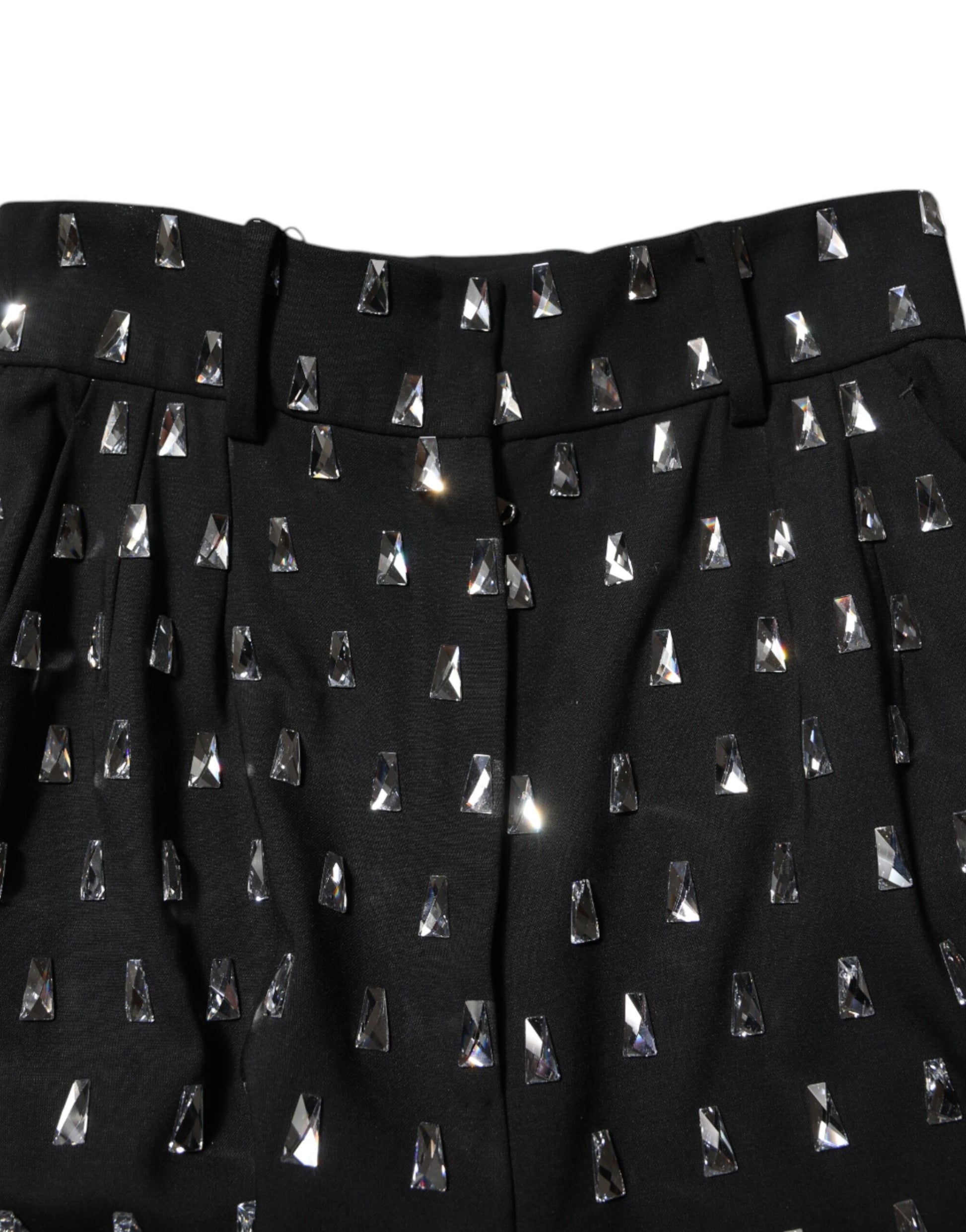 Black Crystal Embellished Wide Leg Pants