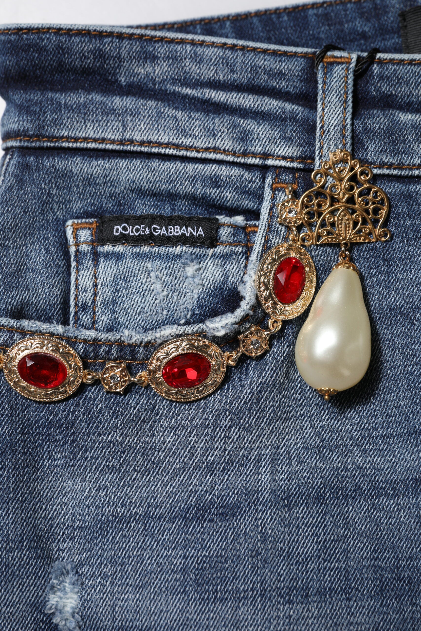 Blue Rhinestone Embellished Denim Jeans