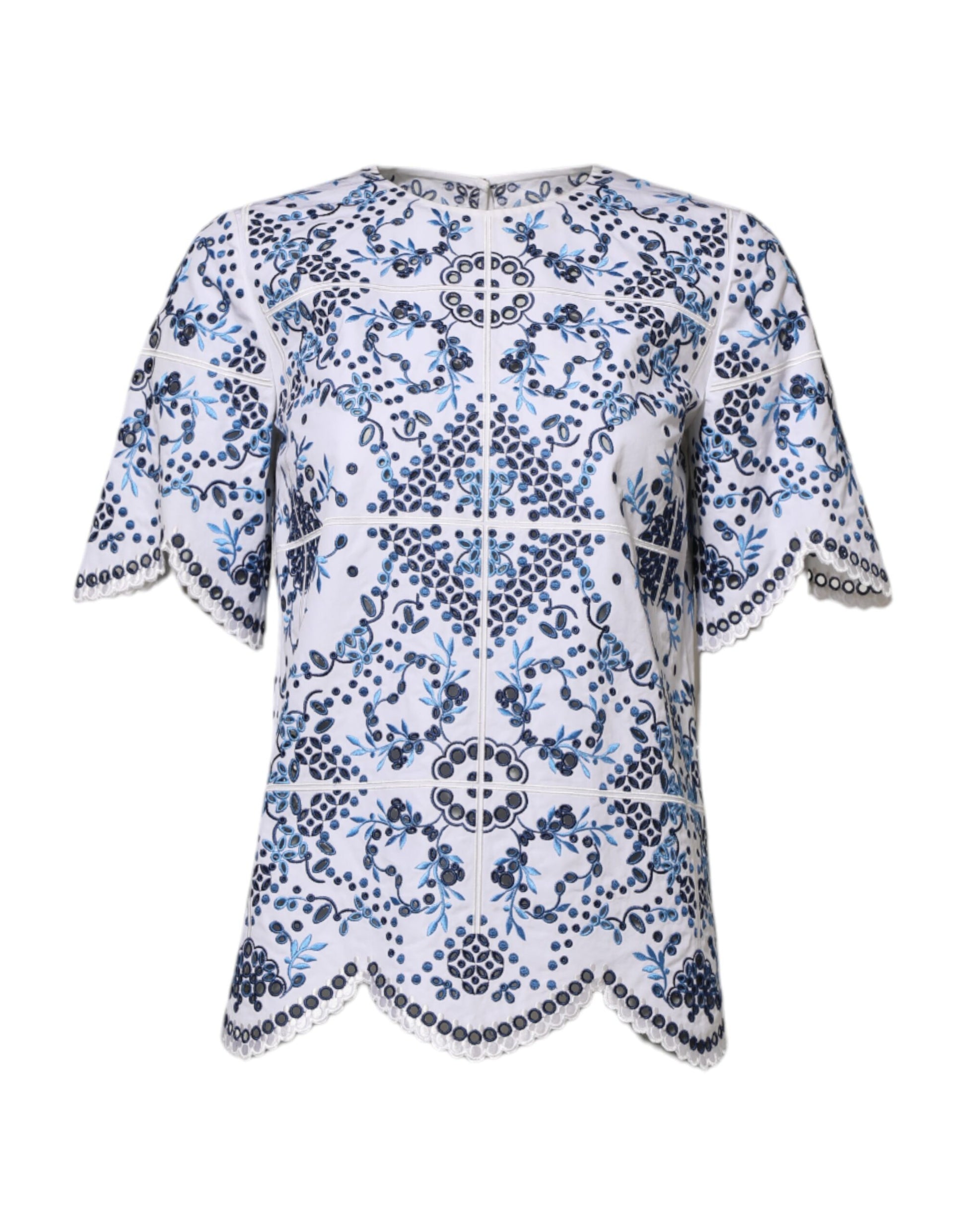 Blue Lace Eyelet Crew Neck Blouse Top