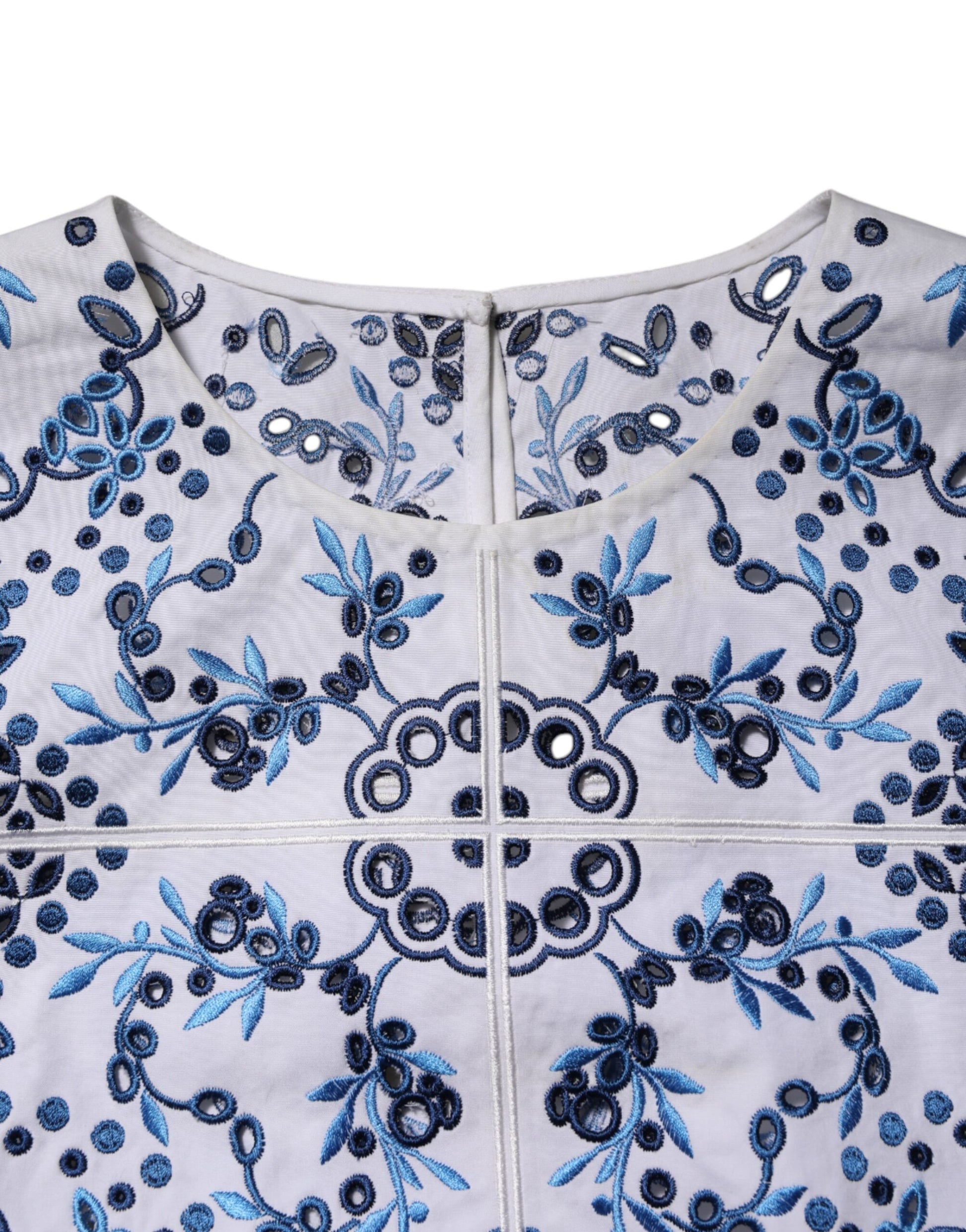 Blue Lace Eyelet Crew Neck Blouse Top