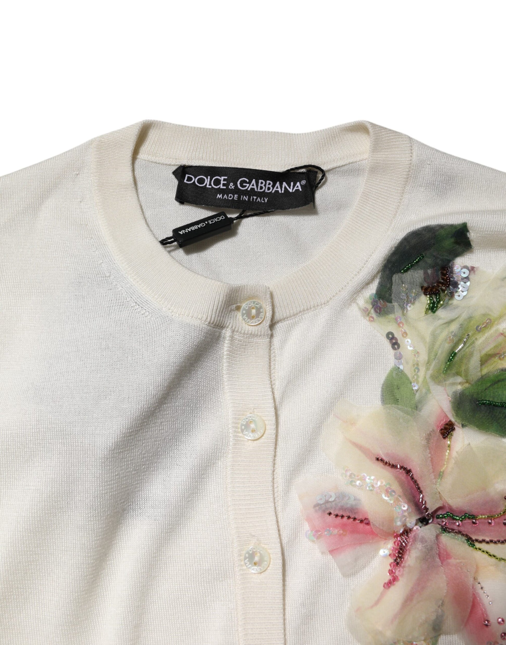 White Silk Lily Embellished Cardigan Sweater