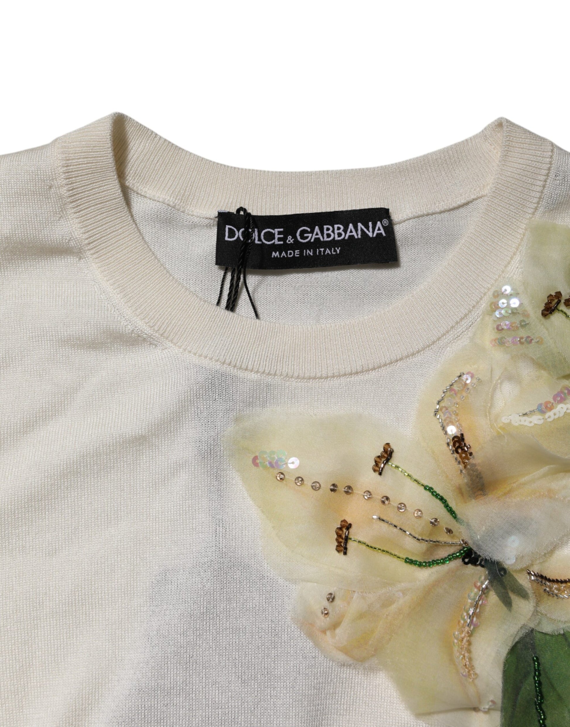 White Silk Lily Embellished Pullover Sweater