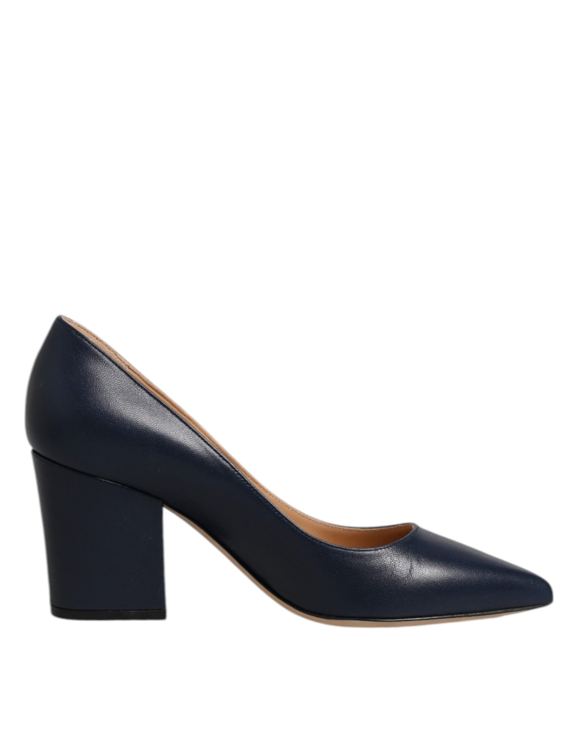 Blue Leather Pointed Toe Block Heels Shoes
