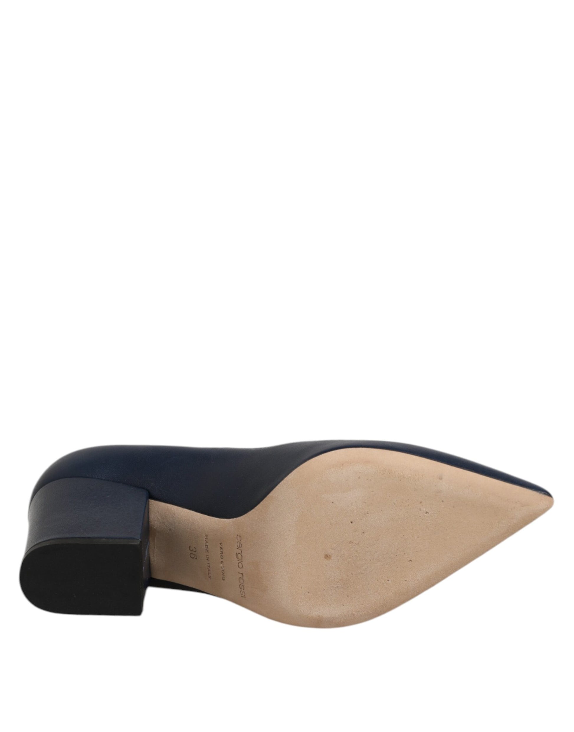 Blue Leather Pointed Toe Block Heels Shoes