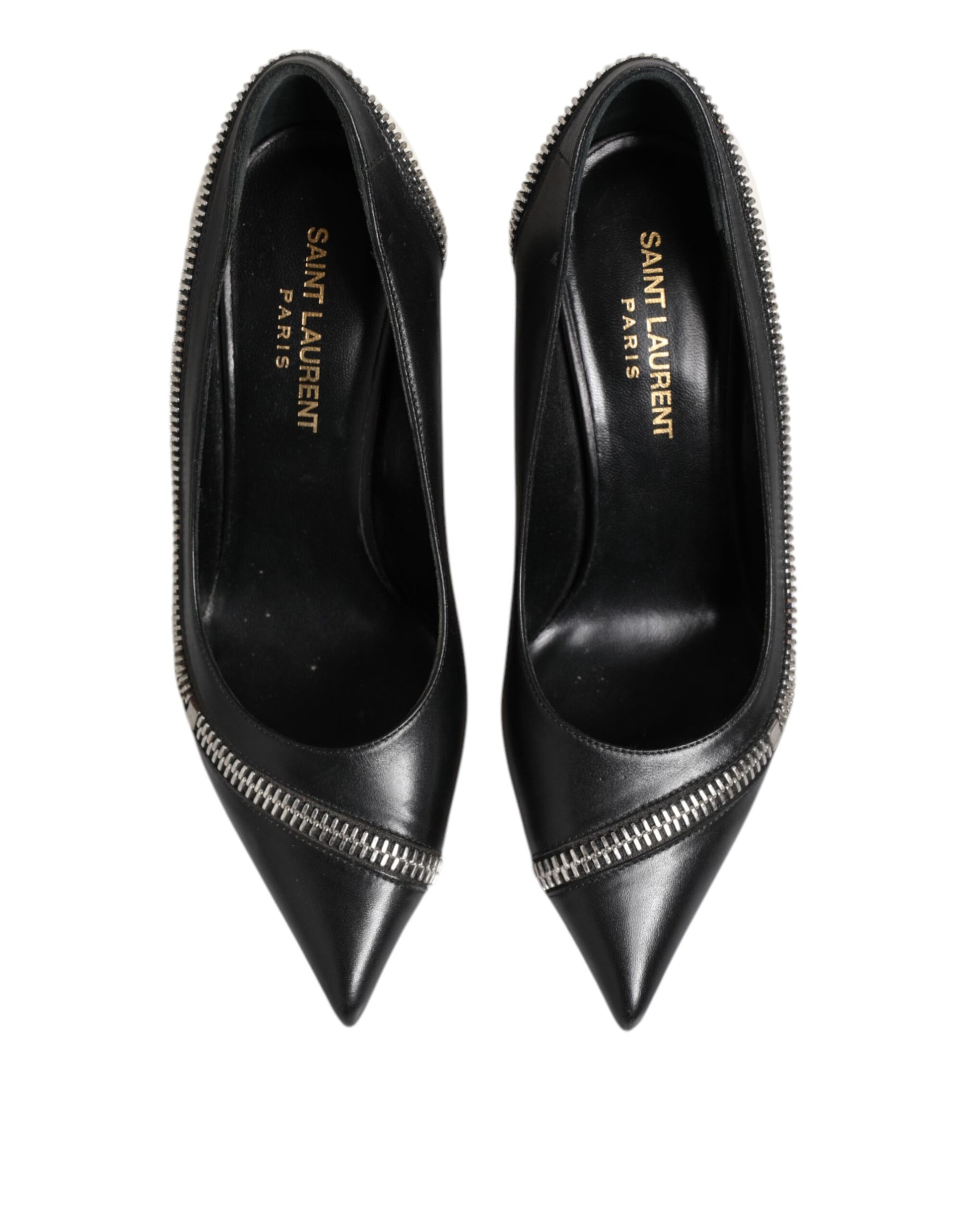 White Black Leather Pointed Toe Heels Shoes