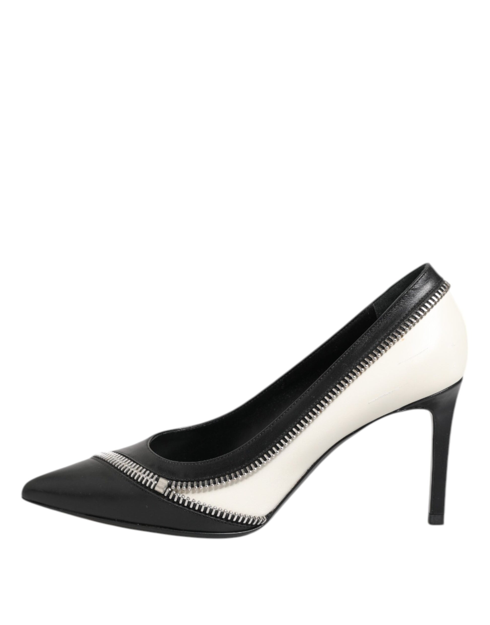 White Black Leather Pointed Toe Heels Shoes