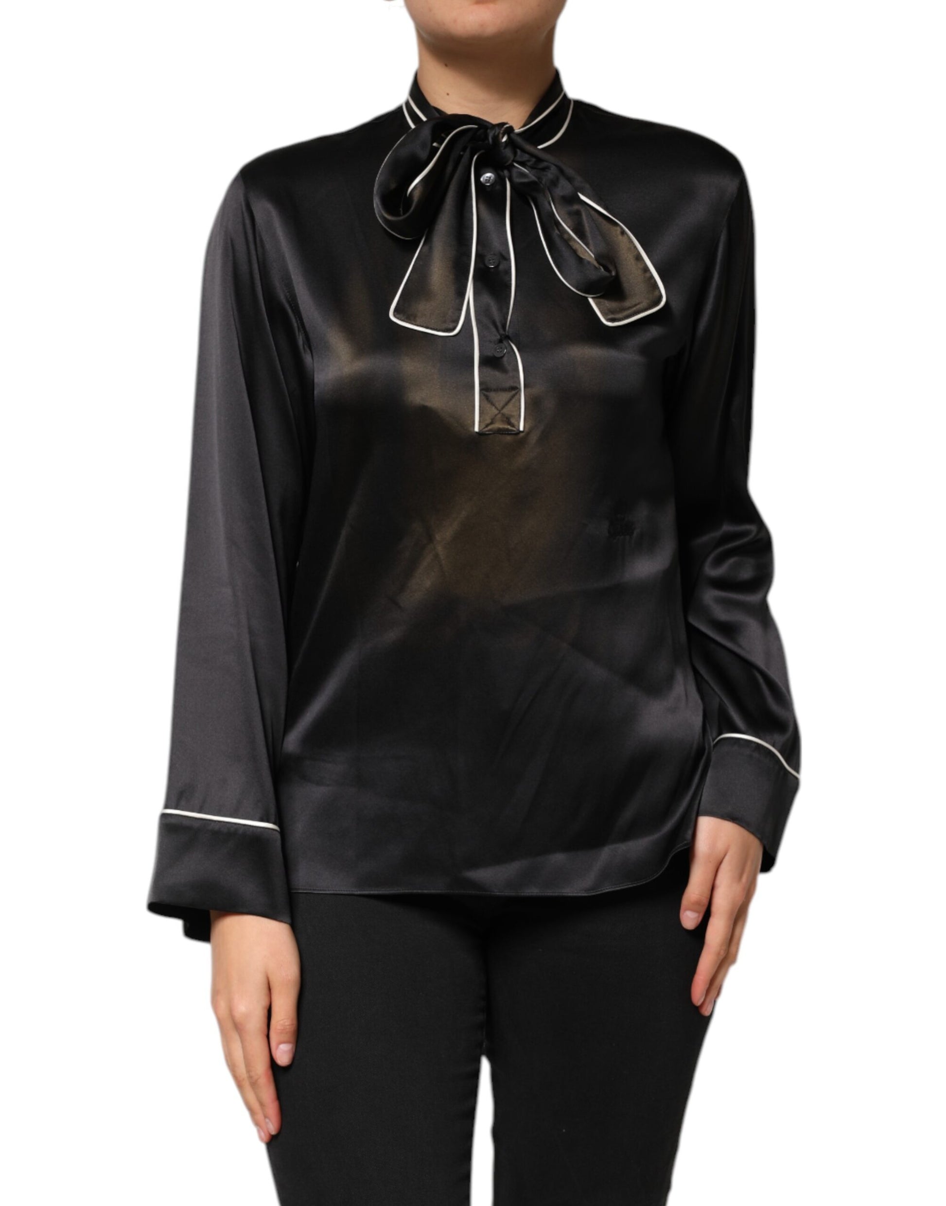Black Silk Ascot Collared Button Blouse Top