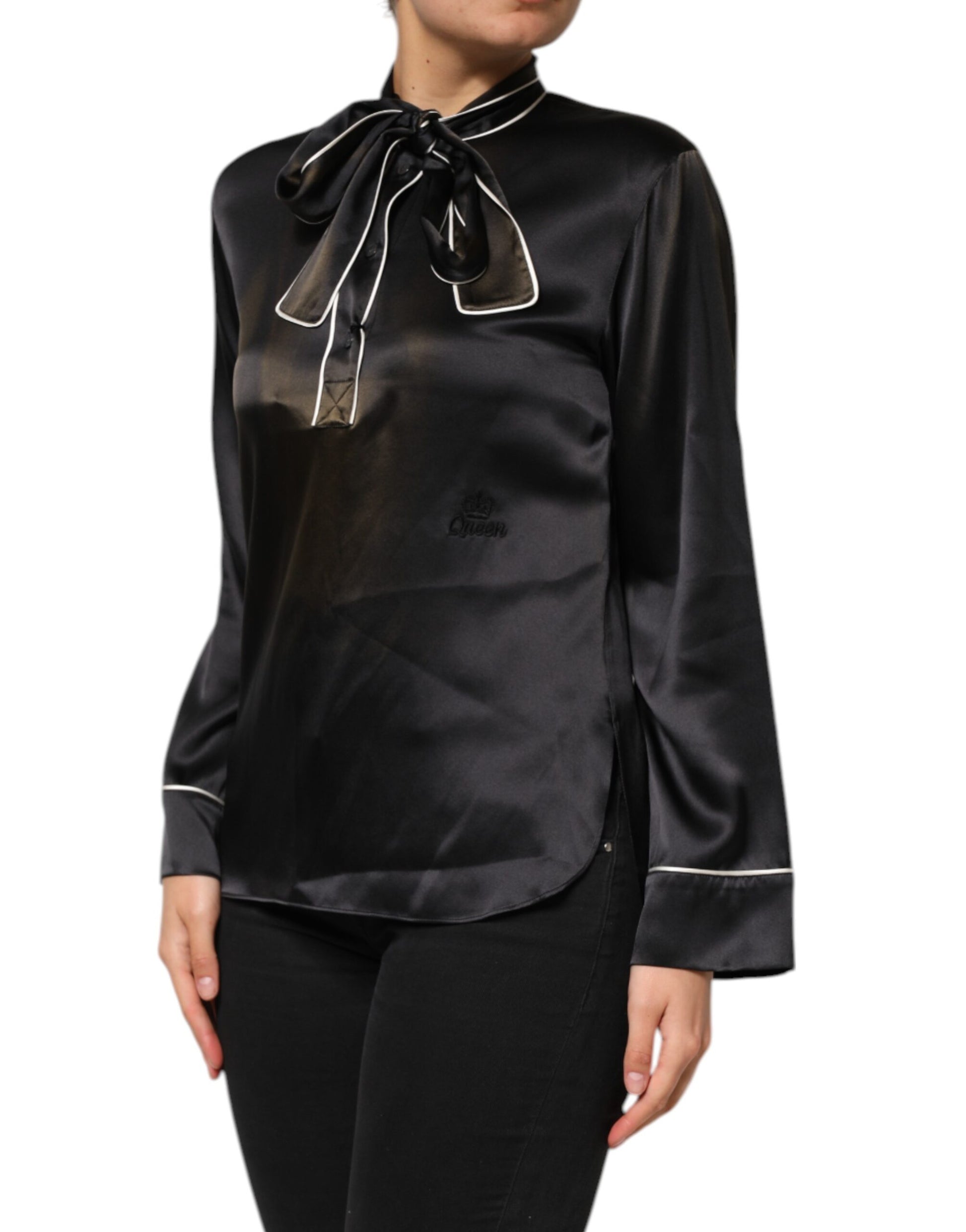 Black Silk Ascot Collared Button Blouse Top