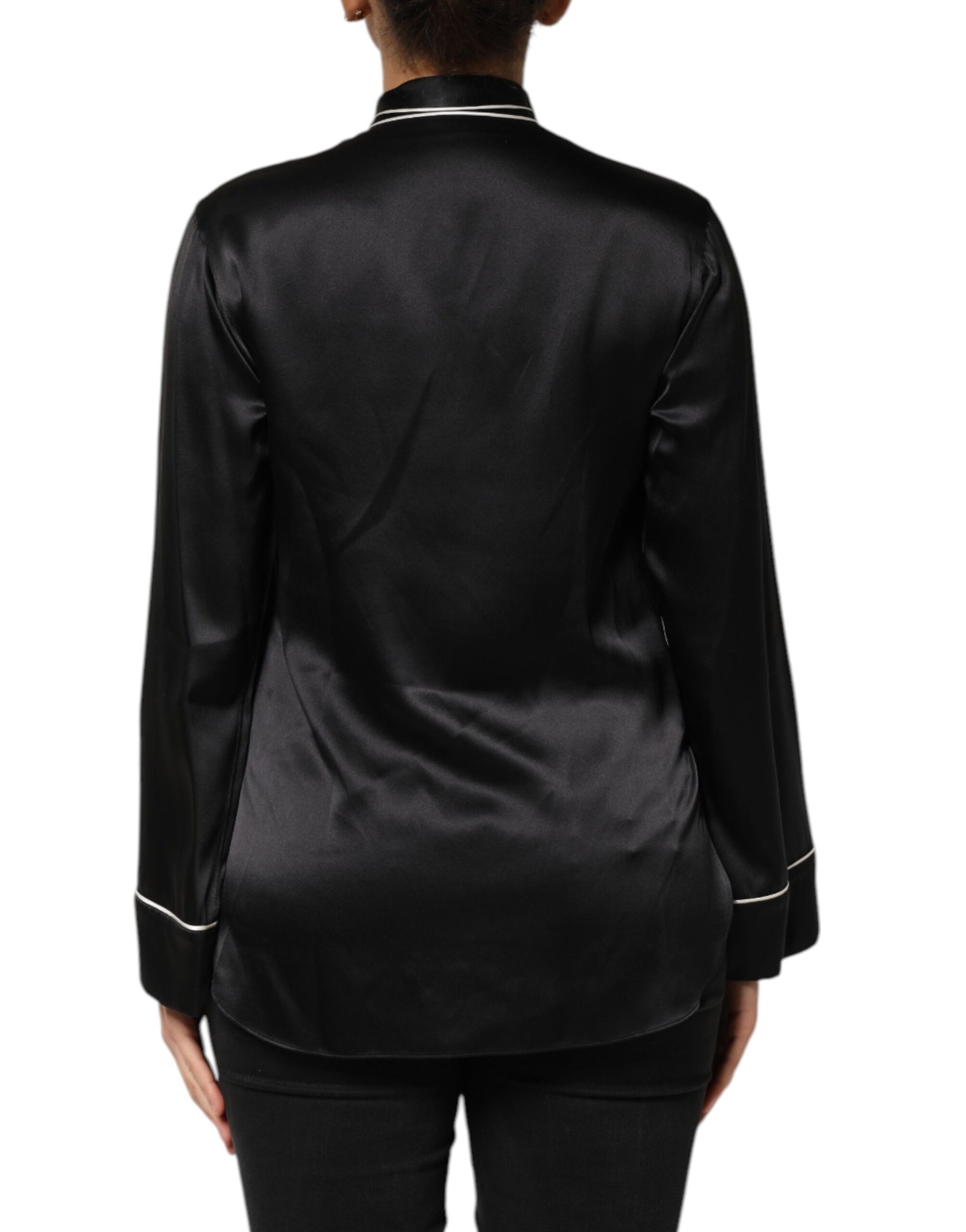 Black Silk Ascot Collared Button Blouse Top