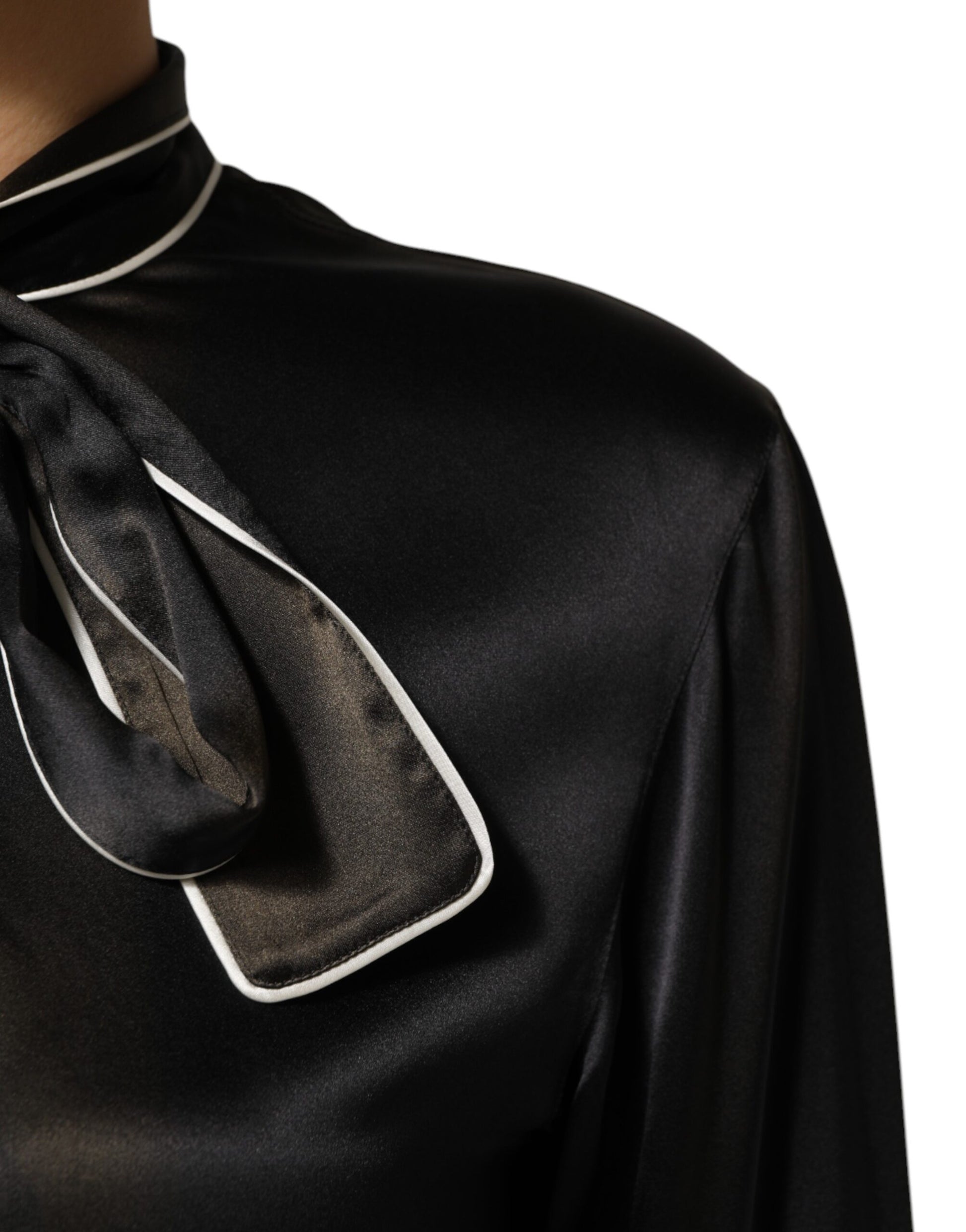 Black Silk Ascot Collared Button Blouse Top