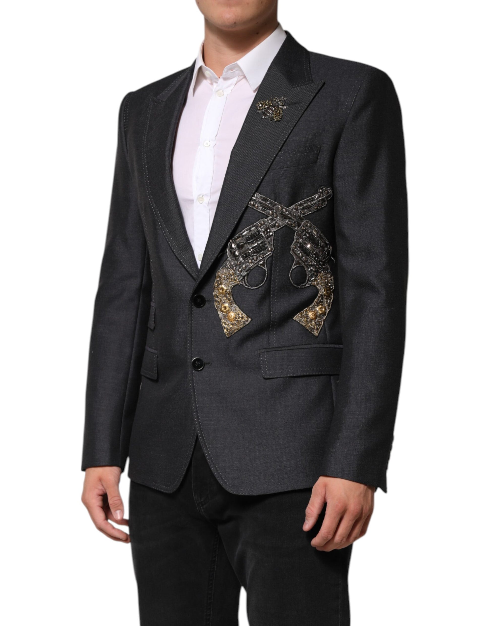 Dark Gray Bee Embroidery Wool Coat Blazer