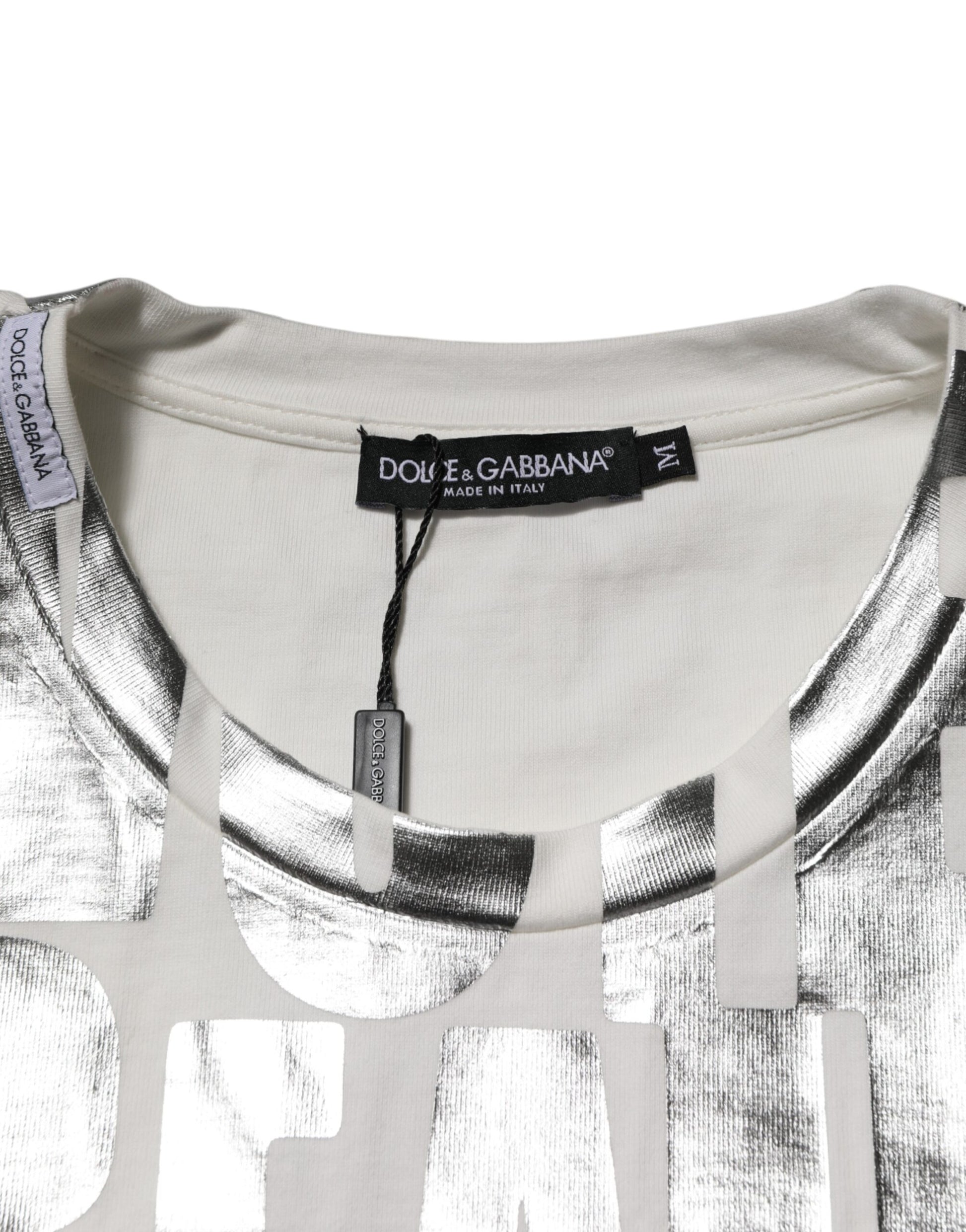 White Cotton Silver Metallic Slogan Print T-shirt