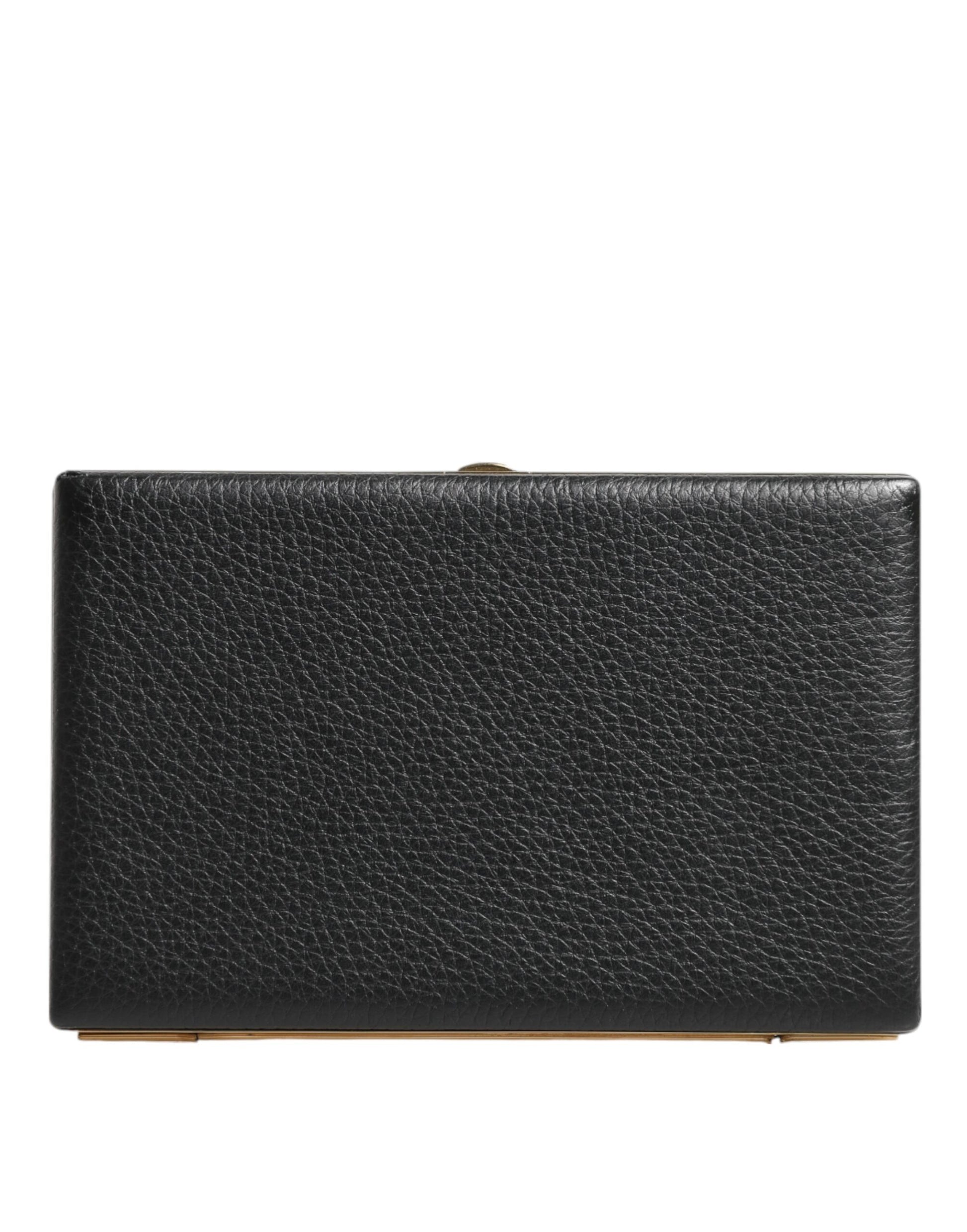 Black Leather Gold Frame Clutch Evening Party Purse Bag