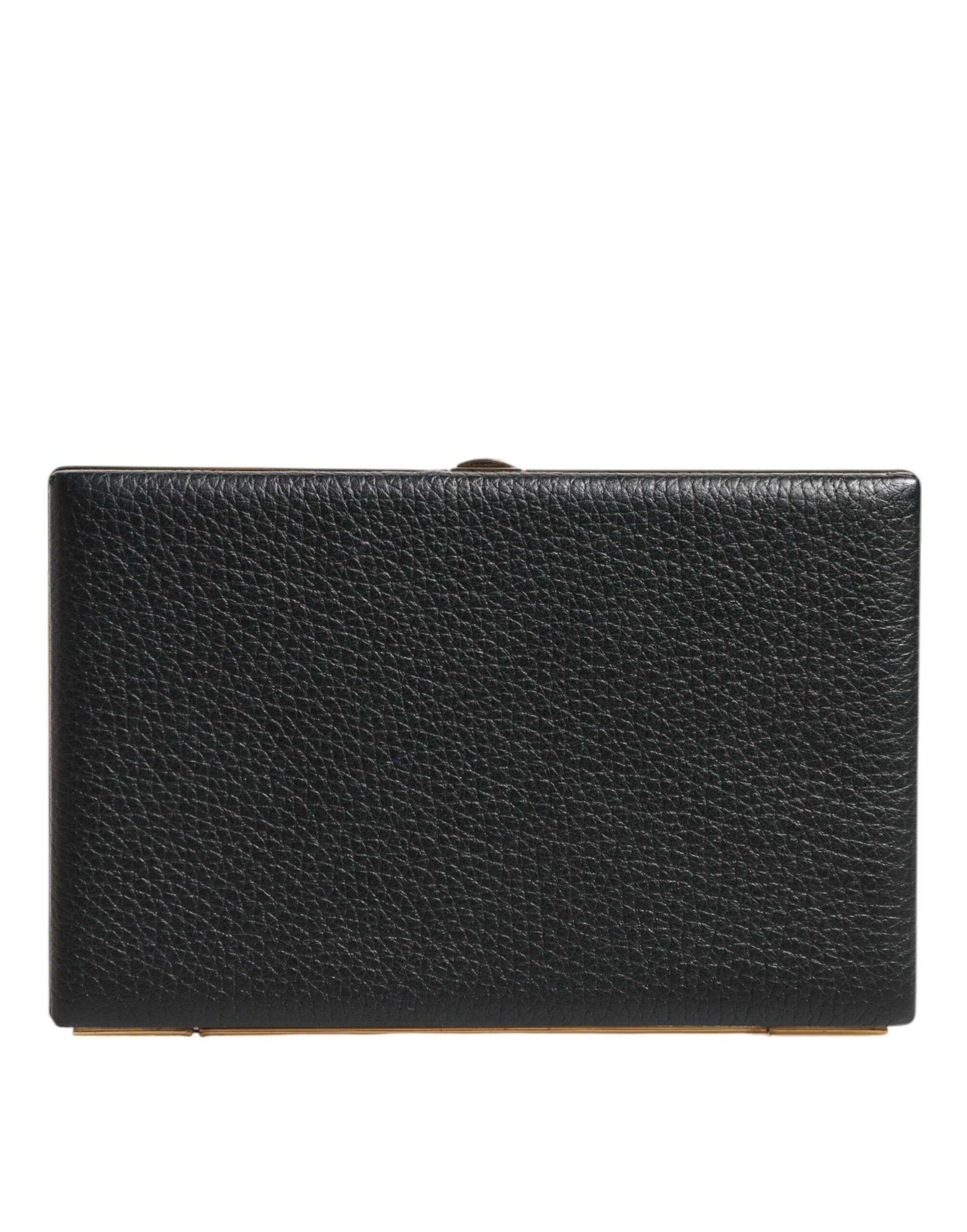 Black Leather Gold Frame Clutch Evening Party Purse Bag