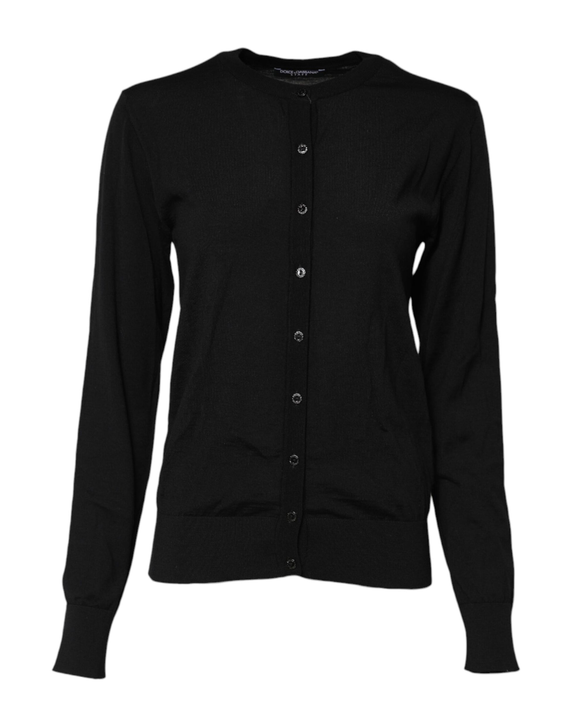 Black Wool Knit Round Neck Cardigan Sweater