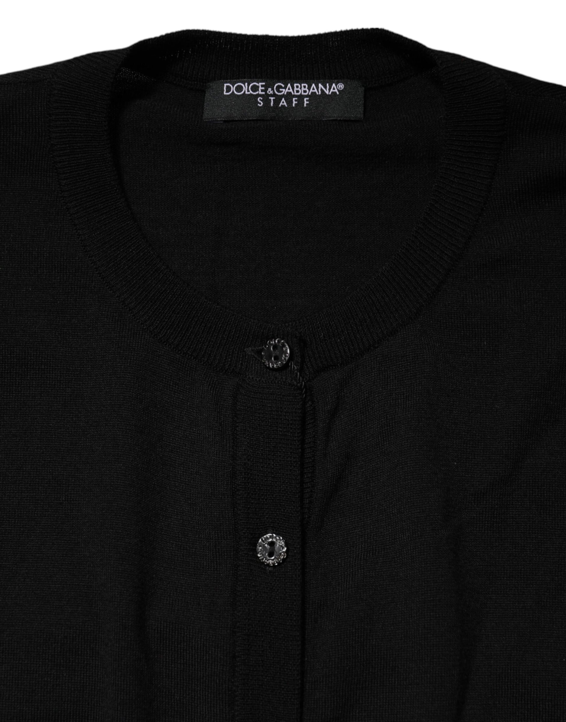 Black Wool Knit Round Neck Cardigan Sweater