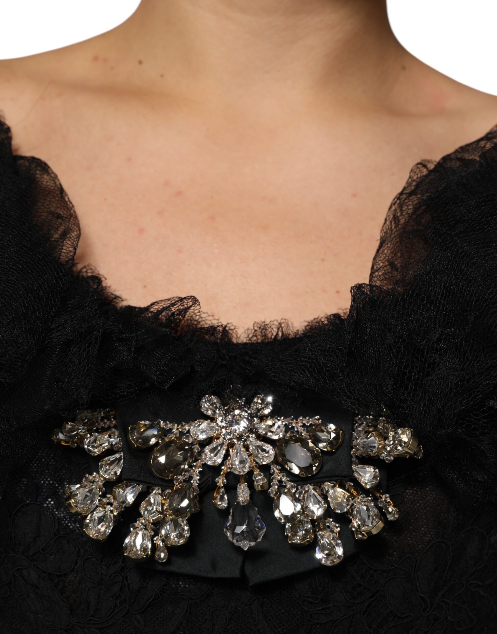 Black Crystal Embellished Midi A-line Dress
