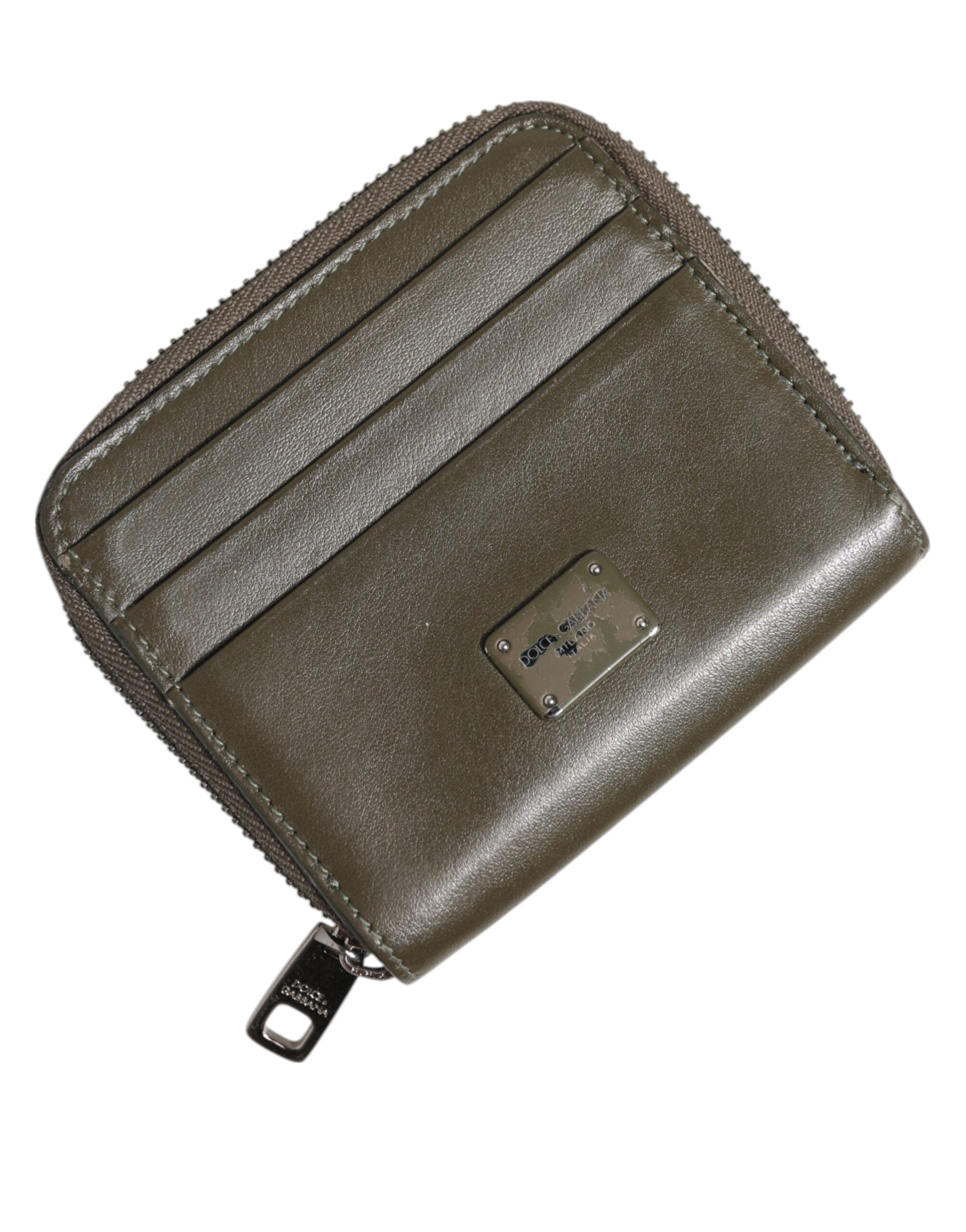 Brown Leather Logo Plaque Card Holder Coin Purse Wallet