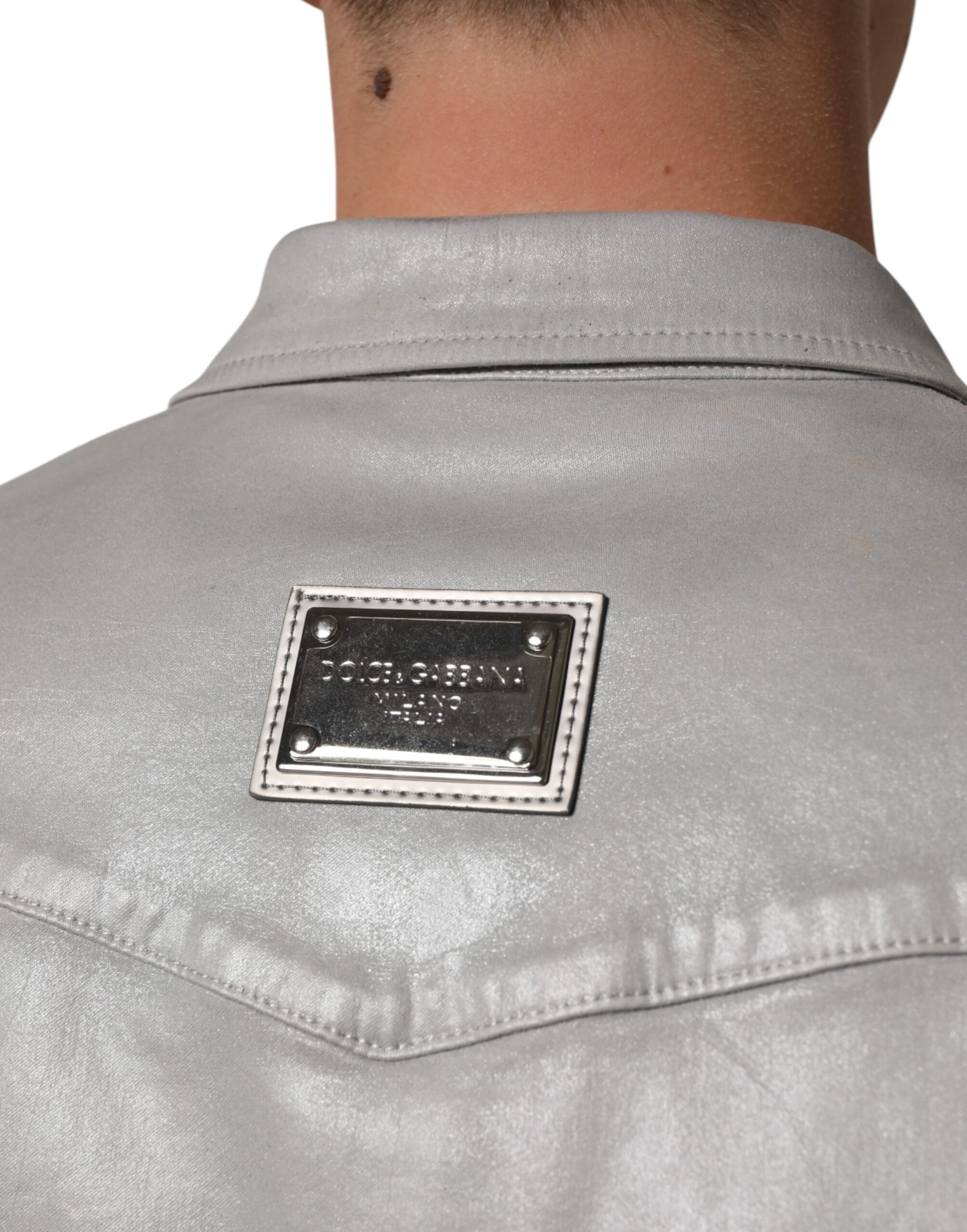 Gray Coated Cotton Snap Button Logo Men Shirt
