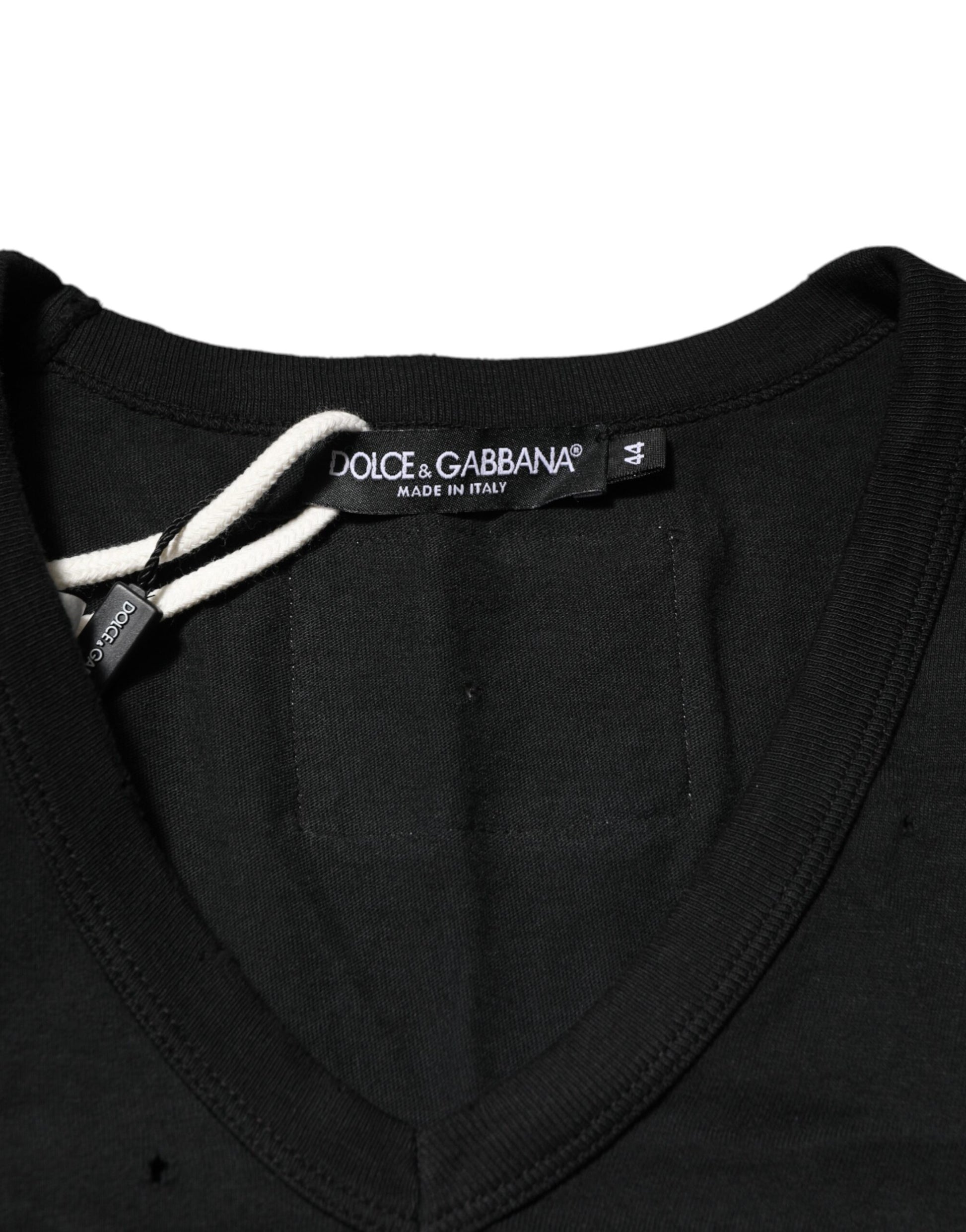 Black Cotton Tattered Logo V-Neck Men T-shirt