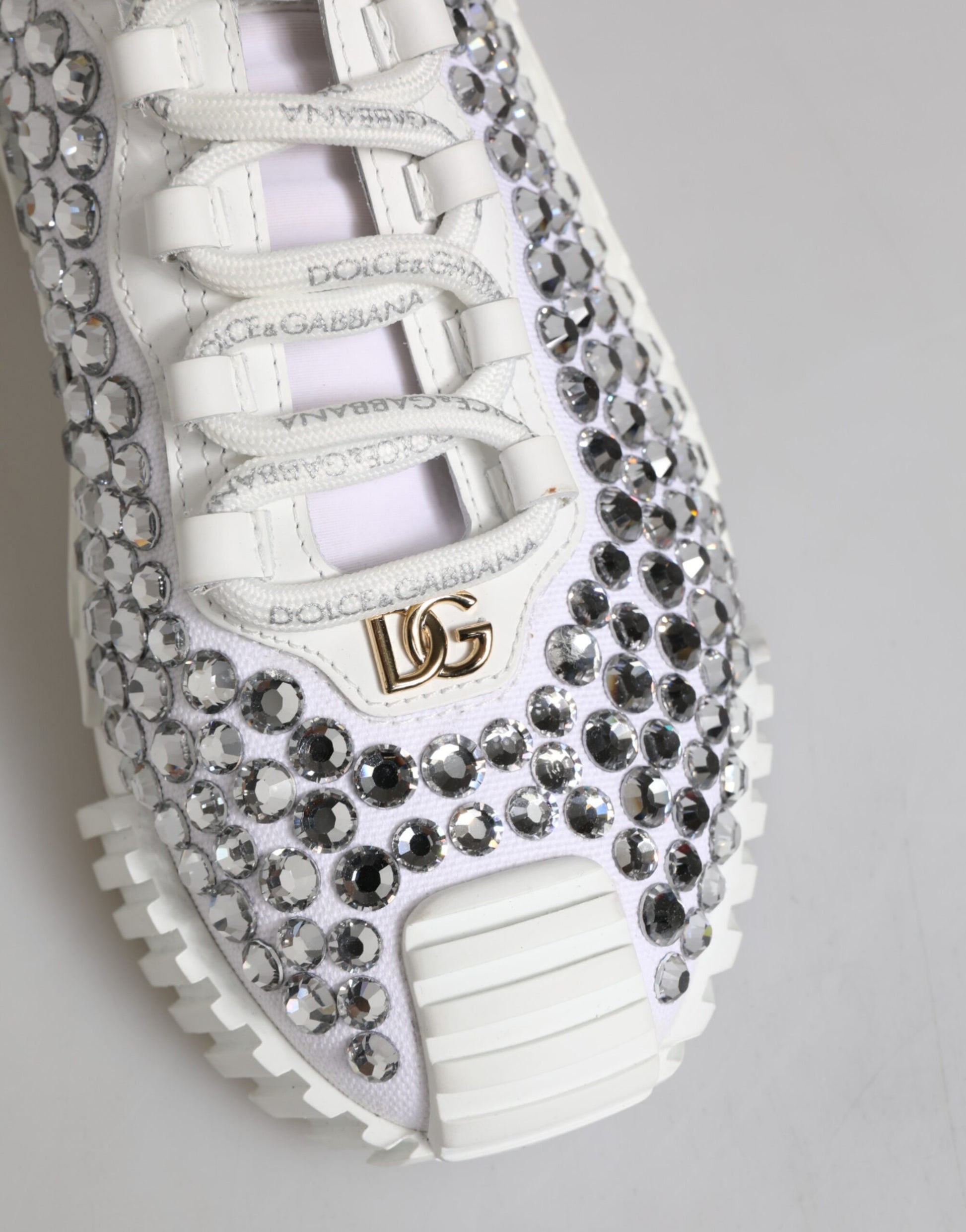 White NS1 Canvas Leather Embellished Sneakers Shoes