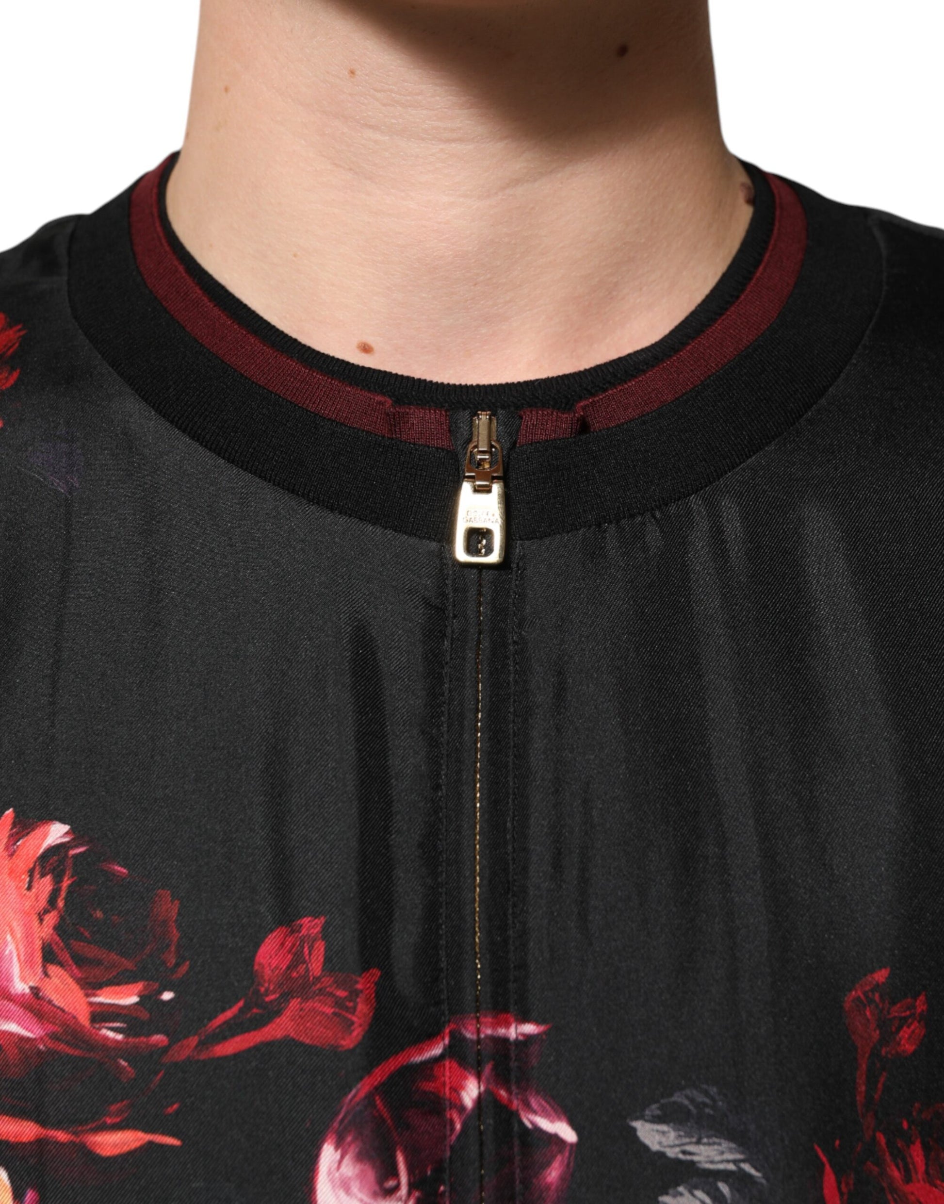 Black Red Floral Silk Bomber Blouson Jacket