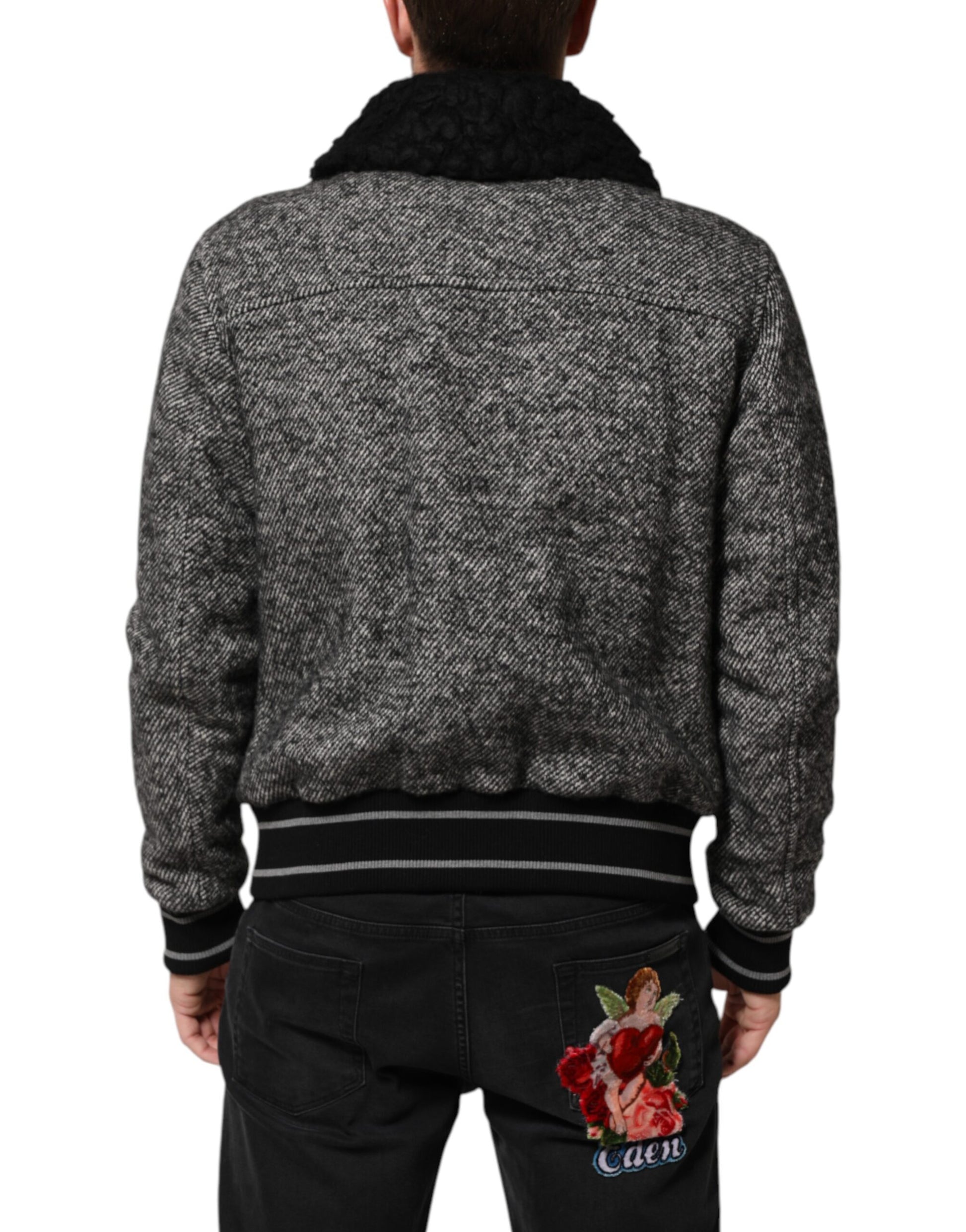Gray Wool Herringbone Shearling Collar Bomber Jacket