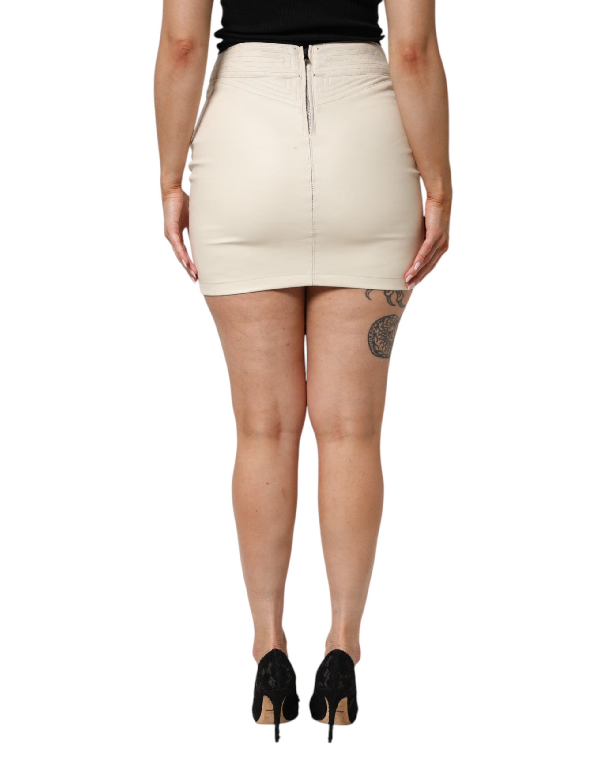 Beige Faux Leather Quilted Mini High Waist Women  Skirt