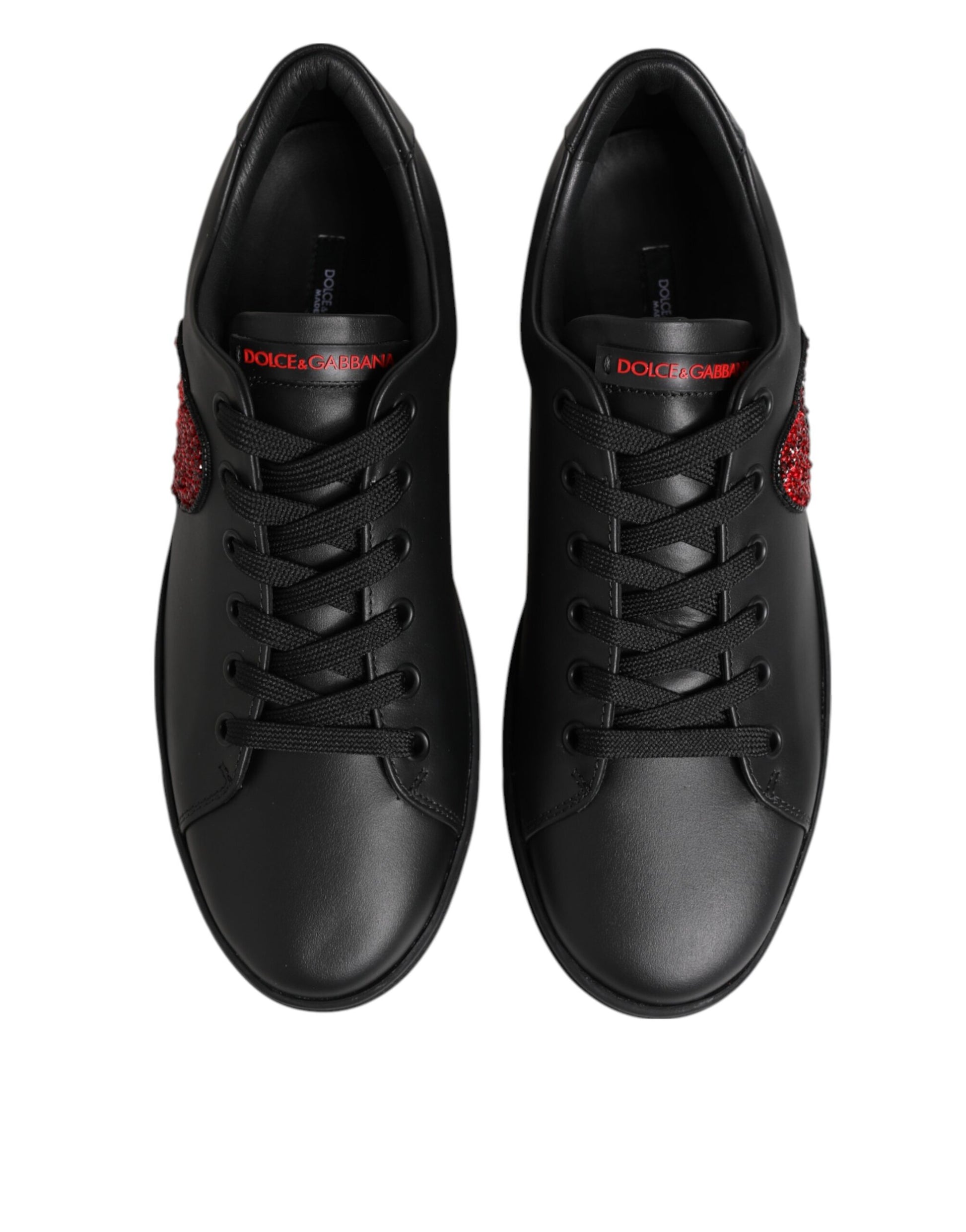 Black Leather Crystal Heart Low Top Sneakers  Shoes