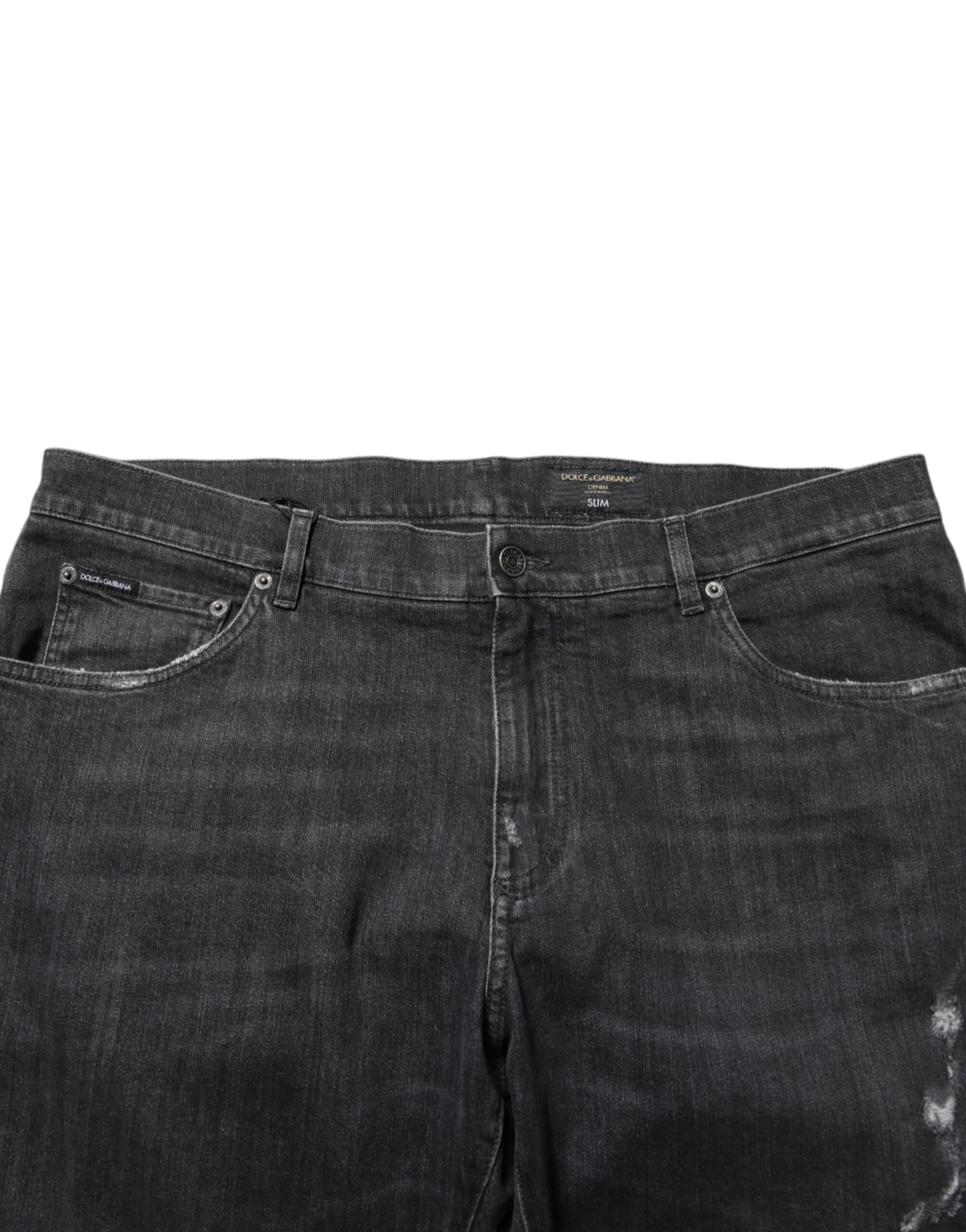 Black Cotton Slim Fit Distressed Ripped Logo Jeans
