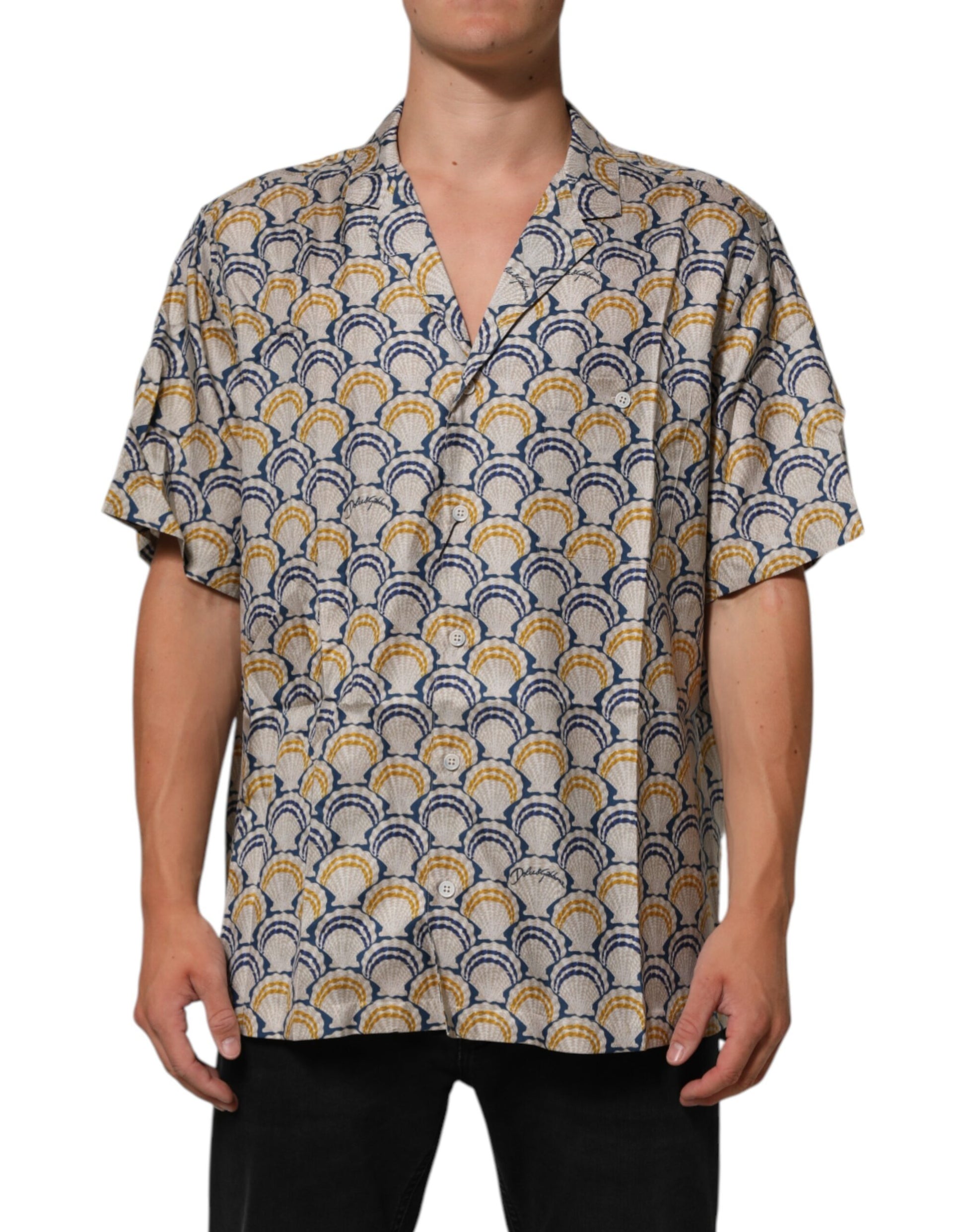 Cream Cotton Silk Hawaii Scallop Shell Print Shirt