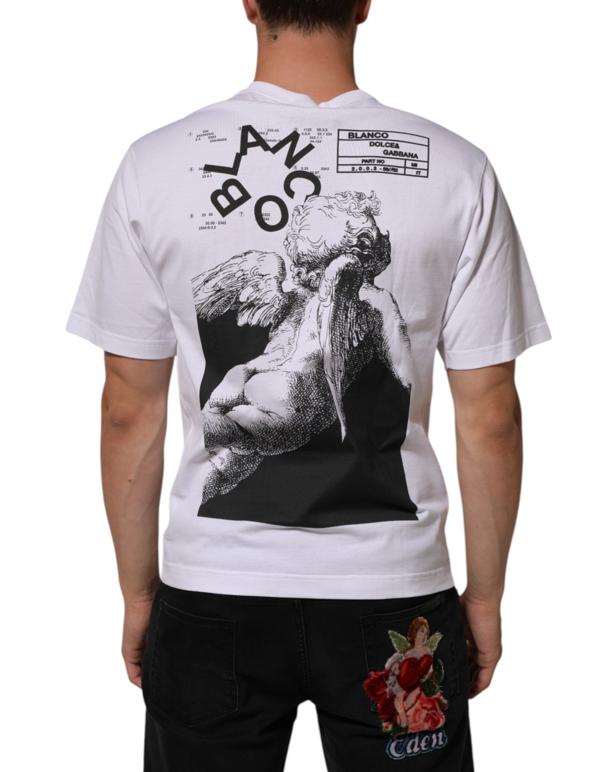 White Angel Print Cotton Men Crew Neck T-shirt