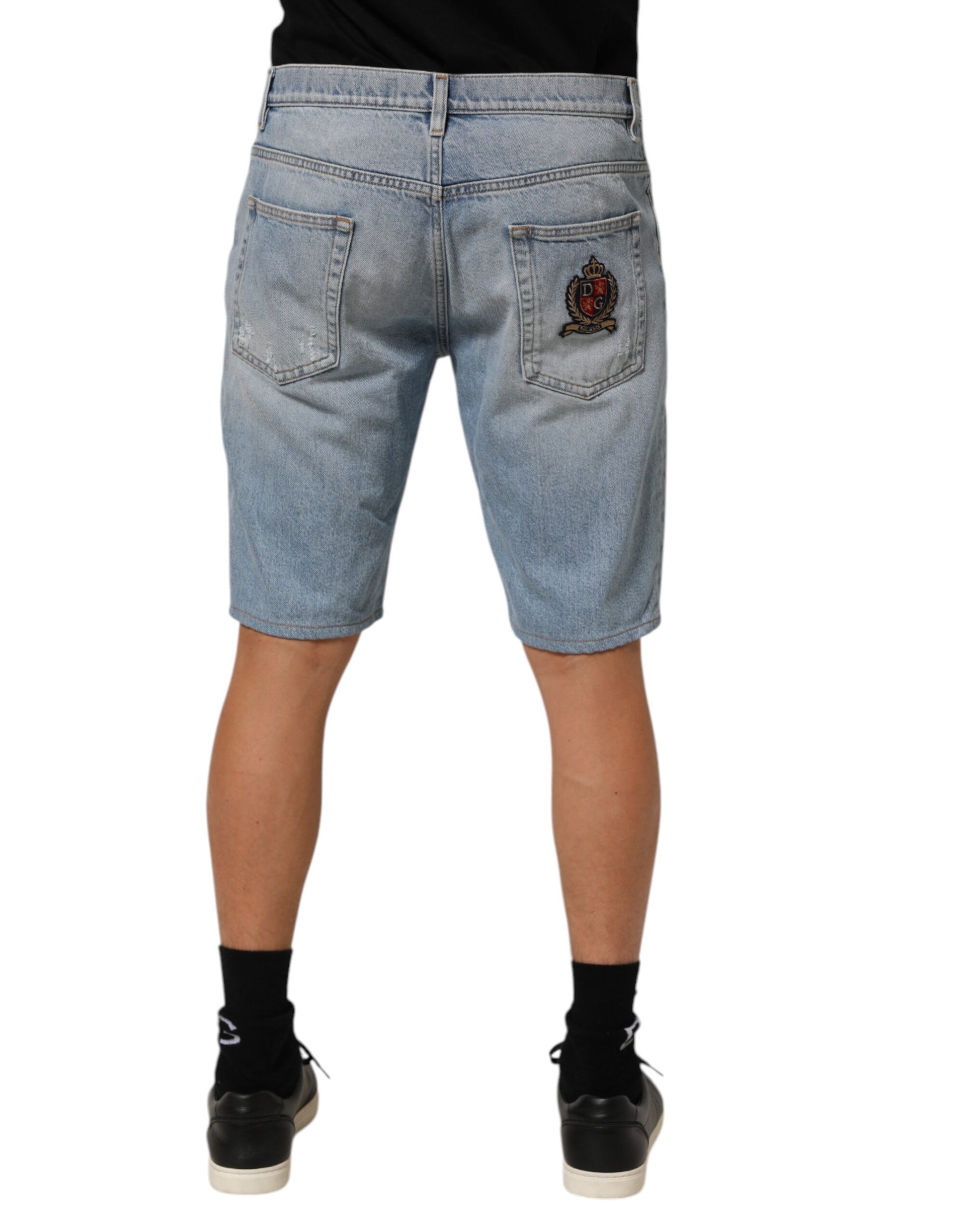 Blue Cotton Distressed Denim Bermuda  Shorts