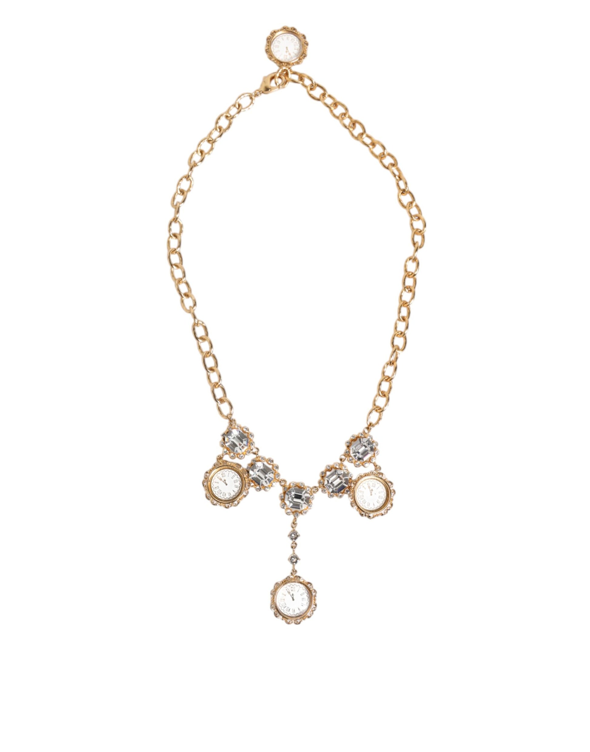 Gold Crystal Clock Pendant Statement Jewelry Necklace